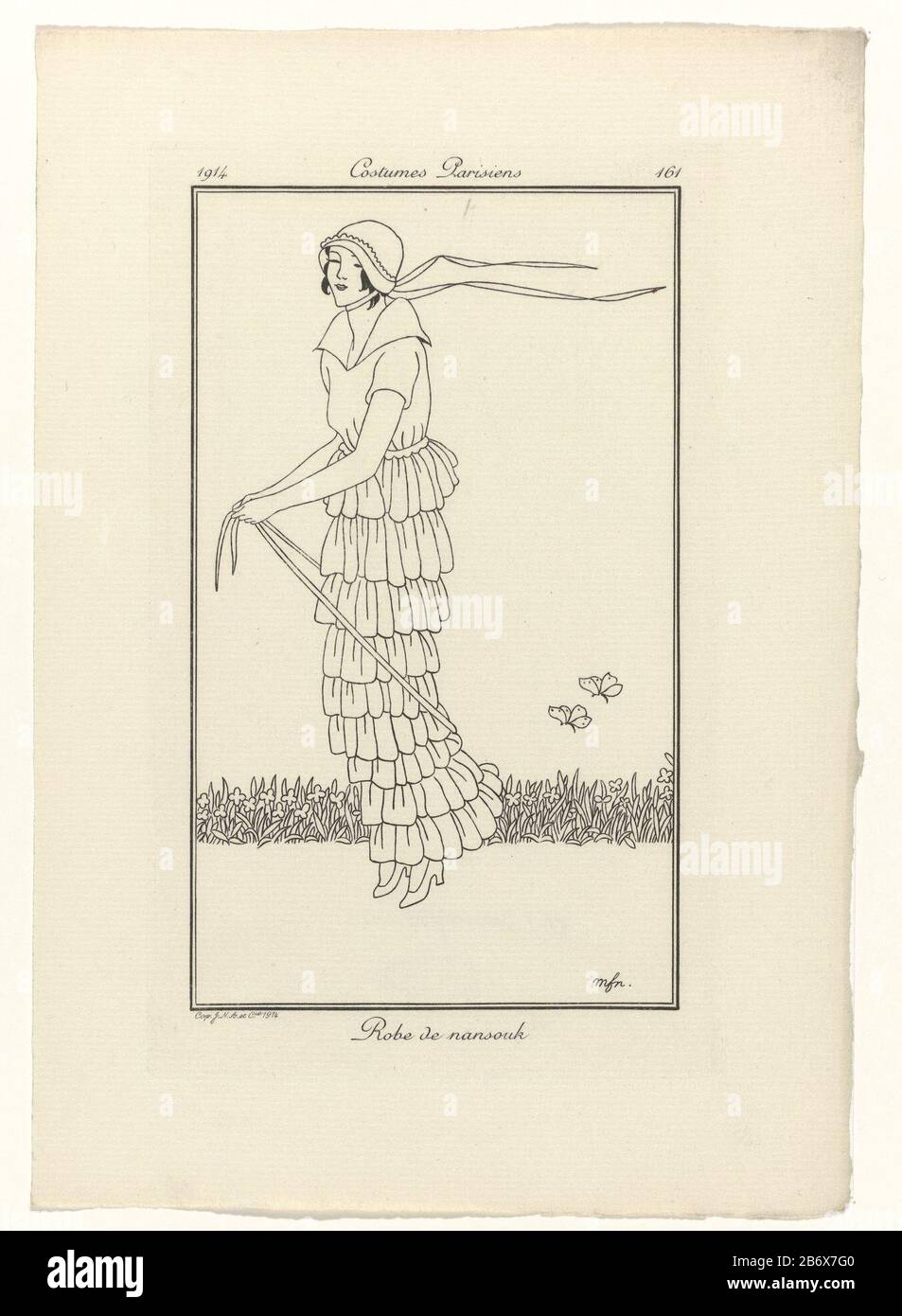 Journal des Dames et des Modes, Costumi Parisiens, 1914, No 161 Robe de nansouk Femminile vestita con un abito di nansoek. Sulla testa una cloche (cappello cloche). È corda di salto. Prova di un'immagine del periodico Fashion Journal des Dames et des Modes (1912-1914) . Produttore : al disegno di: Monogrammist MFN (indicato sull'oggetto) macchina da stampa: Anonimo data: 1914 caratteristiche Fisiche: Engra; materiale di prova: Carta Tecnica: Engra (processo di stampa) Misure: Bordo della lastra: H 176 mm × W 109 mm Oggetto: Moda piatti vestito, abito (+ abbigliamento donna) insetti: Farfalla salto-corda gam Foto Stock