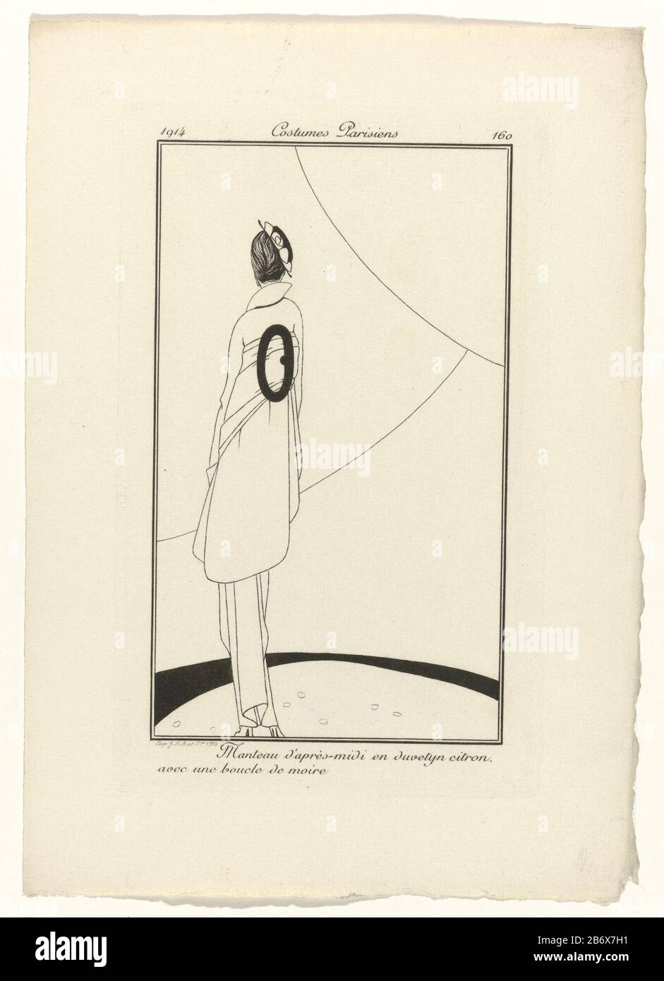 giacca per il pomeriggio di giallo limone 'duvetyne ', con una fibbia di 'oire'. Prova di un'immagine della rivista di moda Journal des Dames et des Modes (1912-1914) . Produttore : stampatore: Anonimo Data: 1914 caratteristiche Fisiche: Engra; materiale di prova: Carta Tecnica: Engra (processo di stampa) Misure: Bordo della lastra: H 179 mm × W 109 mm Oggetto: Piastre di moda testa-ingranaggio (+ abbigliamento donna) cappotto (+ abbigliamento donna) fibbia (+ abbigliamento donna) Dove: 1914 - 1914 Foto Stock