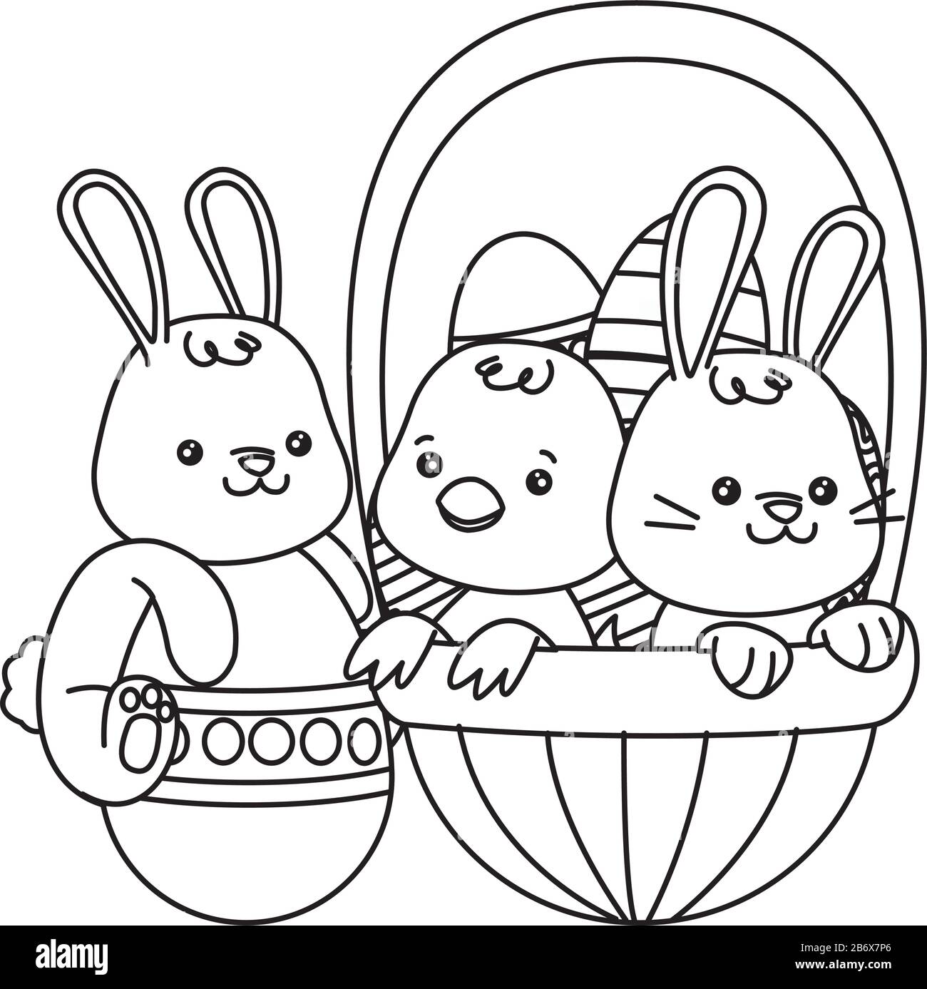 piccolo coniglio e pulcino con uova dipinte nel cesto Illustrazione Vettoriale