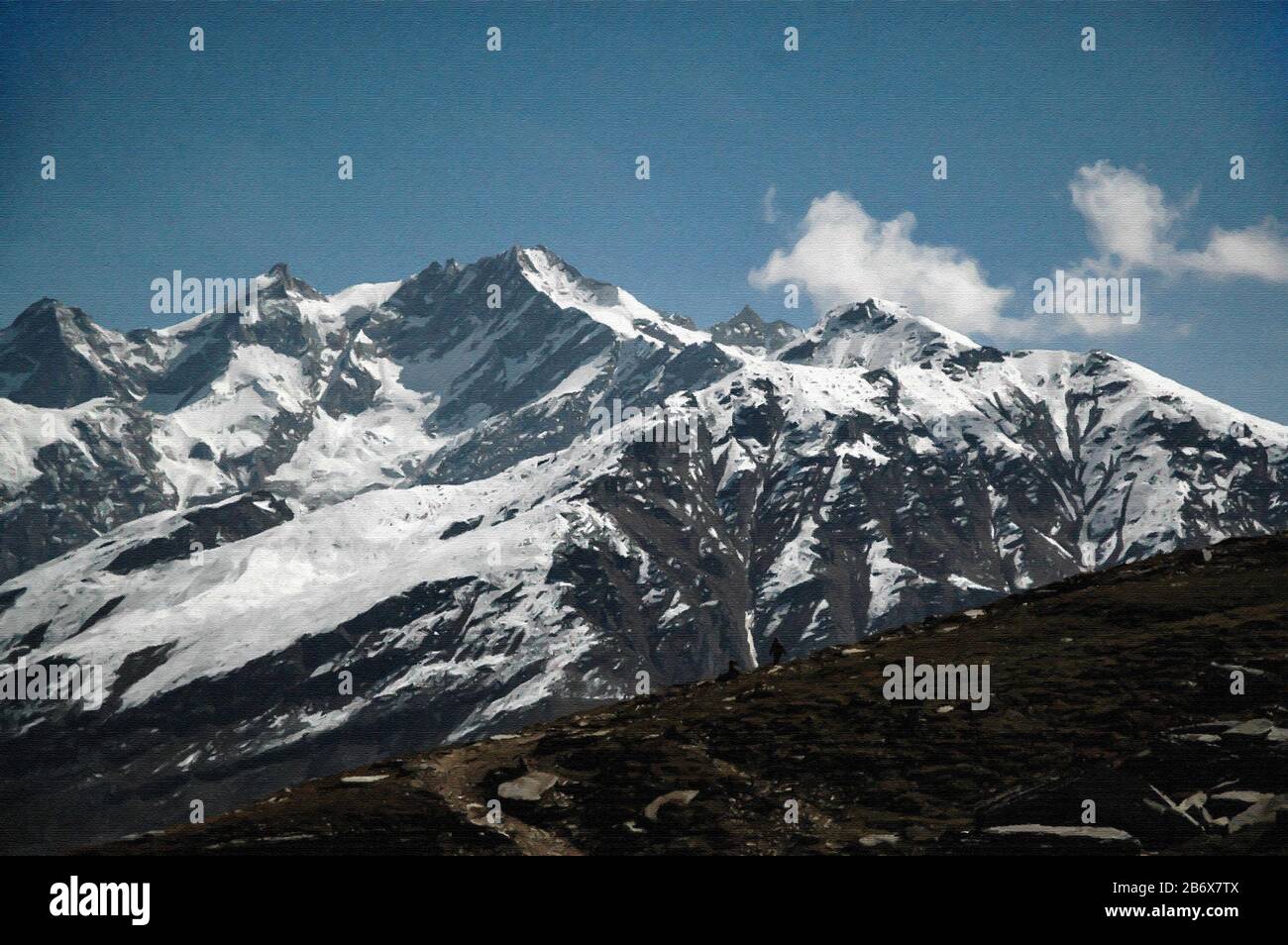 Pittura digitale: Paesaggio di Rohtang Pass-01204 Pittura digitale della gamma Pirpanjal coperta di neve a Rohtang, Himachal Pradesh, India. Foto Stock