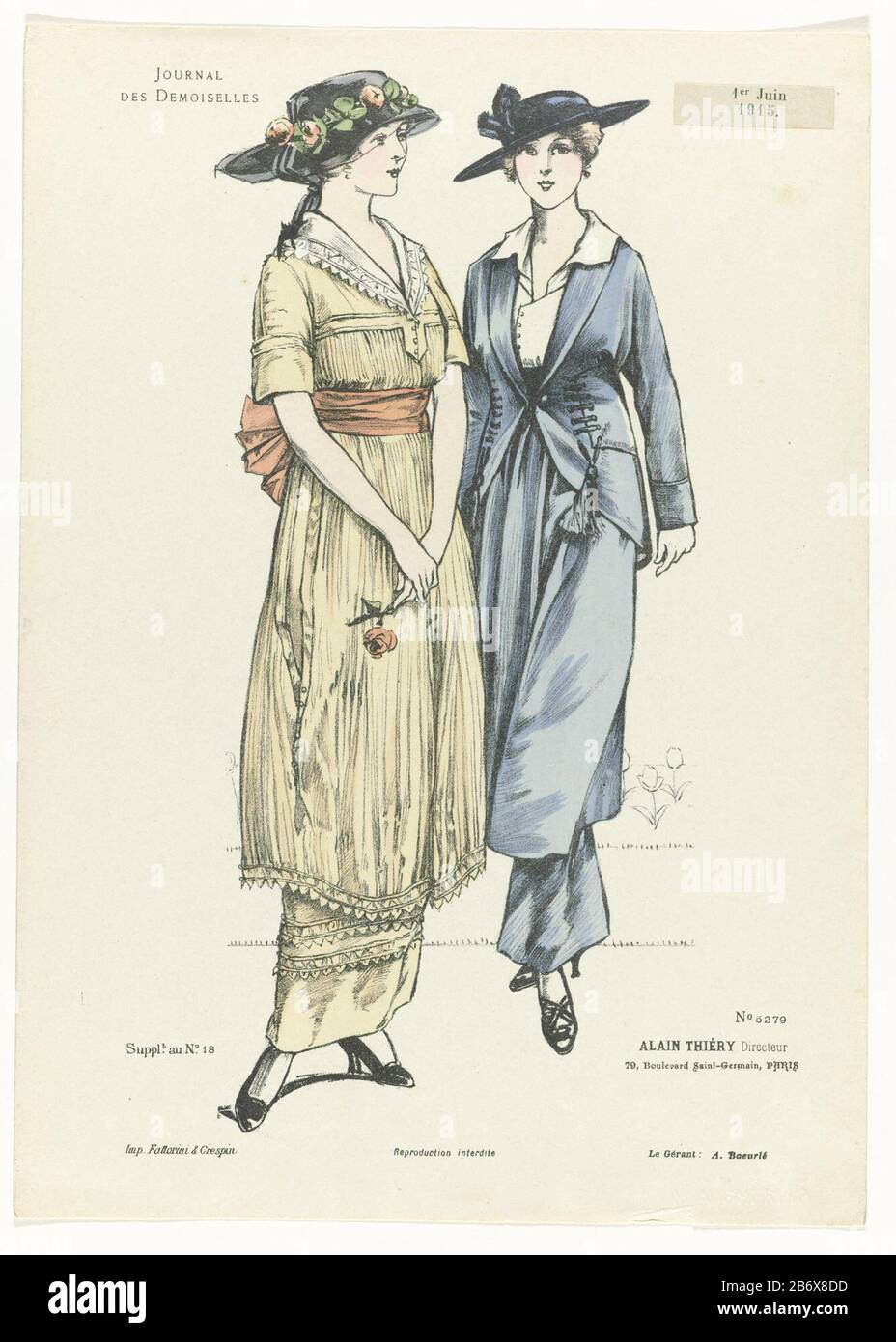 Journal Des Demoiselles, 1 Juin 1915, N. 5279, Suppl N. 18 Due  Strompeljaponnen. Cappelli con bordo largo. Stampa la rivista di moda  Journal des Demoiselles (1833-1922) . Produttore : tipografo: Anonymous  printer: