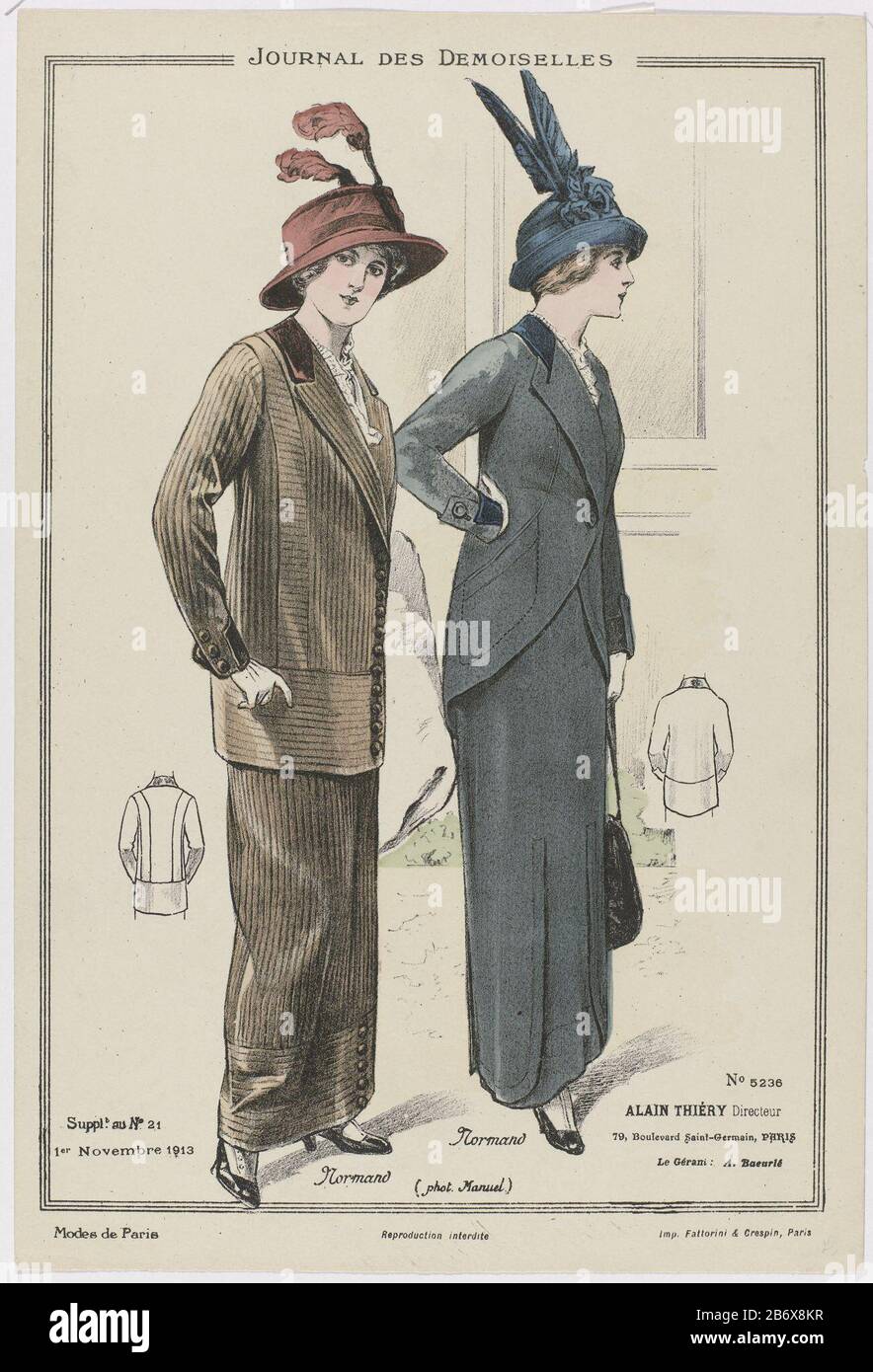 Journal des Demoiselles, Supplement au No 21, 1 Novembre 1913, No 5236 Modes de Paris sinistra una tuta a righe. Rivestire la parte anteriore centrale chiusa con una fila di pulsanti, revers con collare a contrasto. Solo gonna dritta lunga. Destra: Abito composto da una giacca con fronti arrotondati, revers con colletto a contrasto, chiuso con un pulsante. Solo gonna lunga. Stampa la rivista di moda Journal des Demoiselles (1833-1922) . Produttore : printmaker: Anonimo Normand (edificio elencato) fotografo: Manuel (fotografo) (edificio elencato) Direttore: Alain Thiéry (proprietà quotata) A. Baeurlé (edificio elencato) Foto Stock