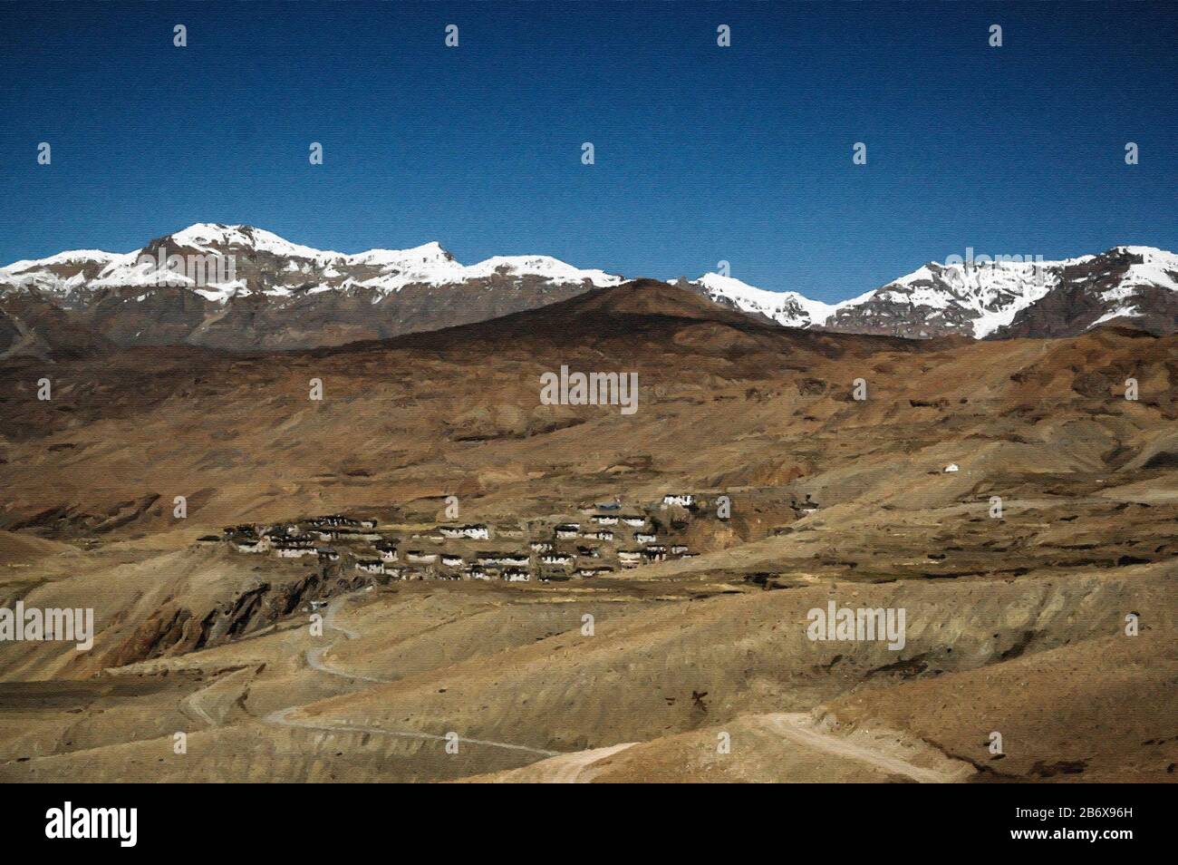 Pittura Digitale: Paesaggio Di Montagna Di Kibber -0076 Pittura Digitale Di Paesaggio Di Montagna Bello Di Kibar, Himachal Pradesh, India. Foto Stock