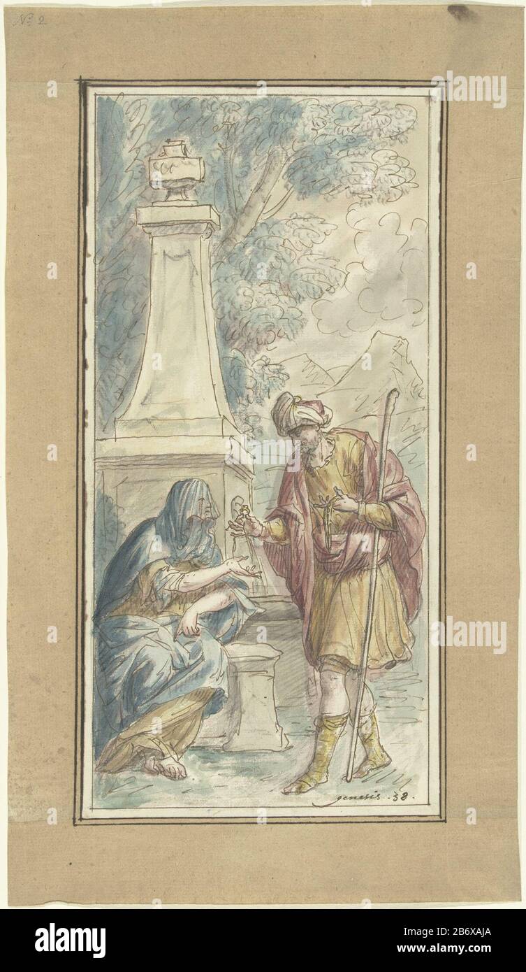 Juda en Thamar Draft schildering. Produttore : artista Elias Nijmegen Data: 1677 - 1755 caratteristiche Fisiche: Pennello a colori, acquerello, penna marrone, gesso nero materiale: Carta inchiostro acquerello pastello Tecnica: Dimensioni penna / pennello: H 294 mm × W 146 mm Oggetto: Amore di Giuda con Tamar; le dà il suo signet (anello), bracciali e staff Foto Stock