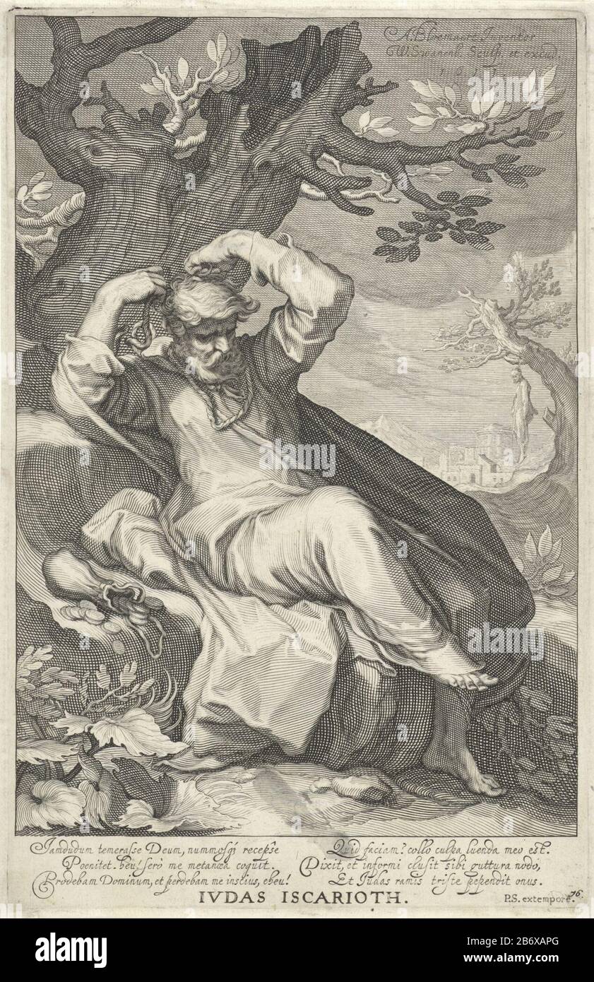 Judas Iskariot hangt zich op Iudas Iscarioth (titel op Object) Zondaars uit het Oude en Nieuwe Testament (seriettel) Judas Iscariot siede sotto un albero e lega una corda intorno al suo collo. Inoltre è una borsa. Proprio in lontananza, pende su un albero. Tra gli spettacoli c'è uno zesregelige, testo latino che descrive la scène. Produttore : stampatore Willem Isaacsz. Di Swanenburg (edificio elencato), progettato da Abraham Bloemaert (proprietà elencata) scrittore: Peter Scrimerius (edificio elencato) editore: Willem Isaacsz. Di Swanenburg (proprietà elencata) Fabbricazione Del Luogo: Stampatore: LED alla progettazione: Utrecht ( Foto Stock