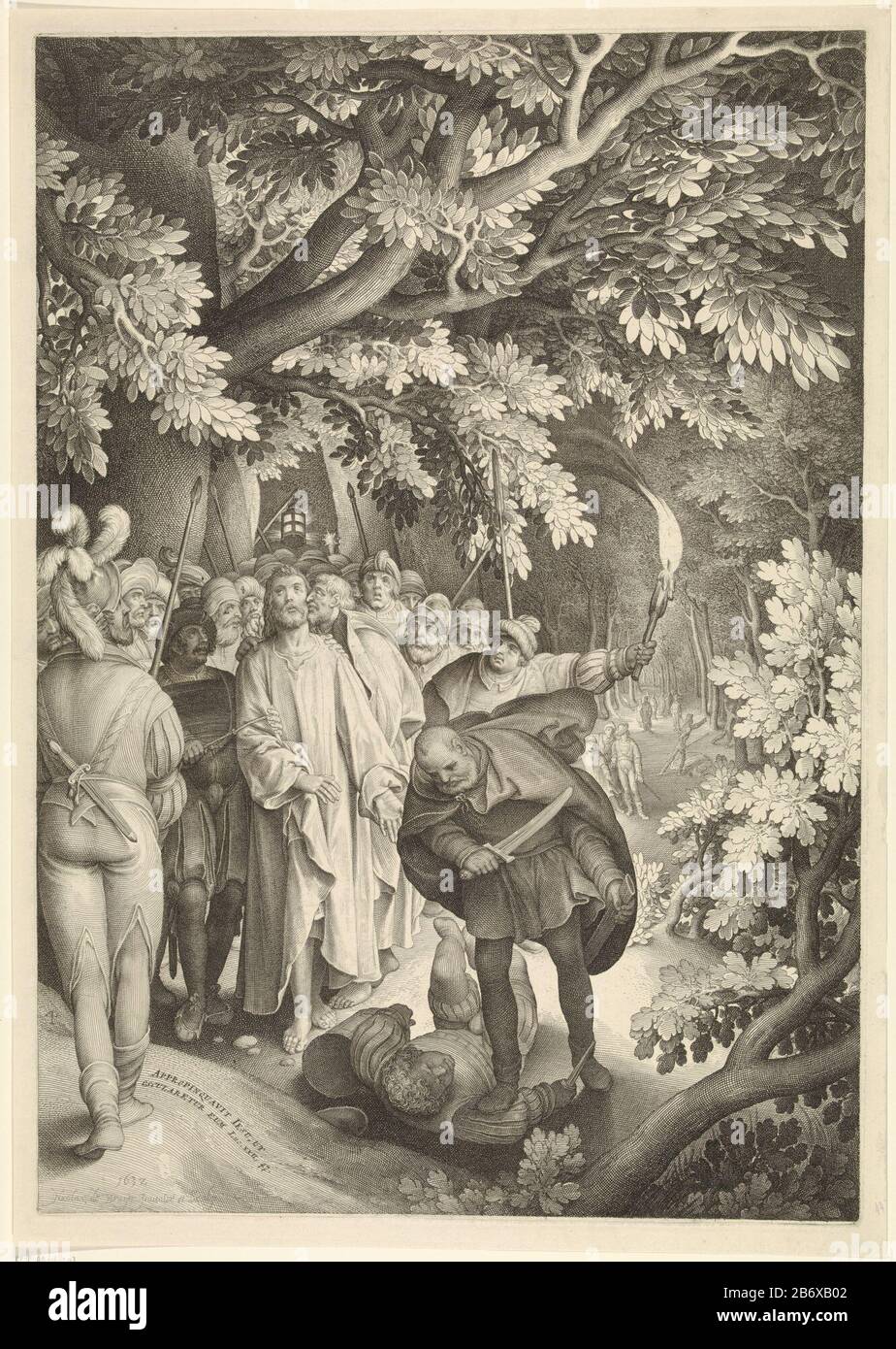 Judaskus en arrestatie van Christus Passie van Christus (serietitel) Cristo e i suoi discepoli nel Giardino del Getsemani. Cristo Giuda bacio sulla guancia. I soldati lo circondano e lo arrestano. Pietro prova Cristo a difendere ed è uno dei soldati aan. Produttore : printmaker: Nicolaes de Bruyn (proprietà in elenco) to design: Nicolaes de Bruyn (proprietà in elenco) Luogo produzione: Rotterdam Data: 1632 caratteristiche Fisiche: Materiale per auto: Tecnica della carta: Engra (processo di stampa) dimensioni: Bordo della piastra b 451 mm x h 642 mm Oggetto: Il bacio di Giuda: Accompagnati da soldati con torce e lanterne, Foto Stock