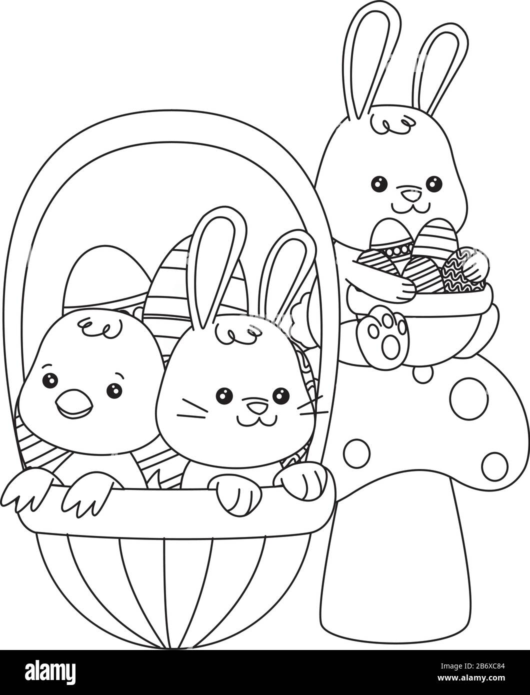piccolo coniglio e pulcino con uova dipinte nel cesto Illustrazione Vettoriale