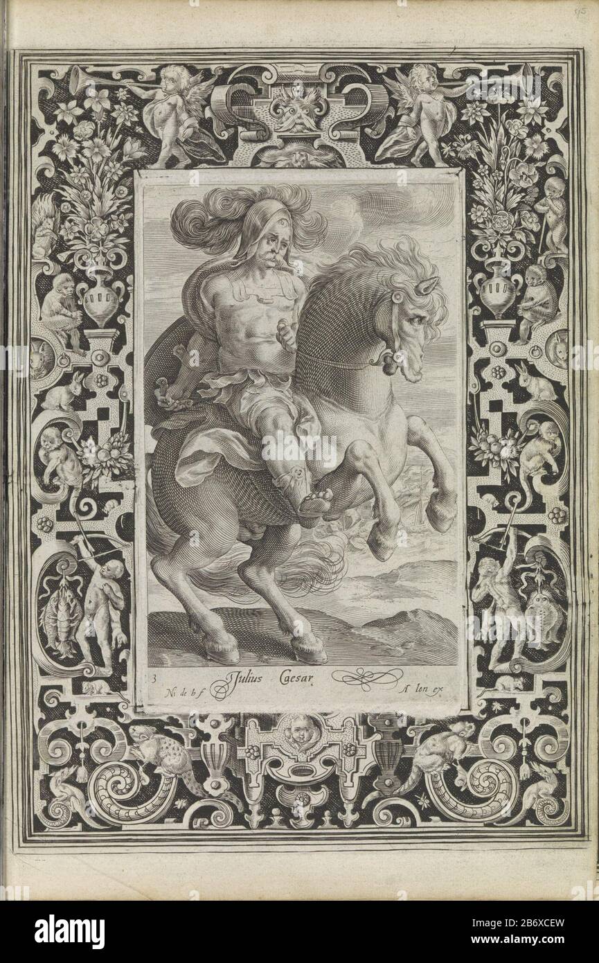 Giulio Cesare Giulio Cesare (titel op Object) Negen besten (seriettel) Giulio Cesare, un famoso generale dell'antichità, cavallo in un paesaggio. Fa parte dei Nove Besten. Tra lo spettacolo un versetto in latino. Lo spettacolo è tenuto in una cornice con ornamenti di turbolenza e vari animali come un gatto in attesa di un topo, scimmie e conigli Dove: Due ragazzi di caccia. Questa stampa fa parte di un album. Produttore : printmaker: Nicolaes de Bruyn (listed building) editore: Assuerus of Londerseel (listed property) Luogo produzione: Paesi Bassi Data: 1582 - 1635 Caratteristiche Fisiche: Engra stampato su due fogli Foto Stock