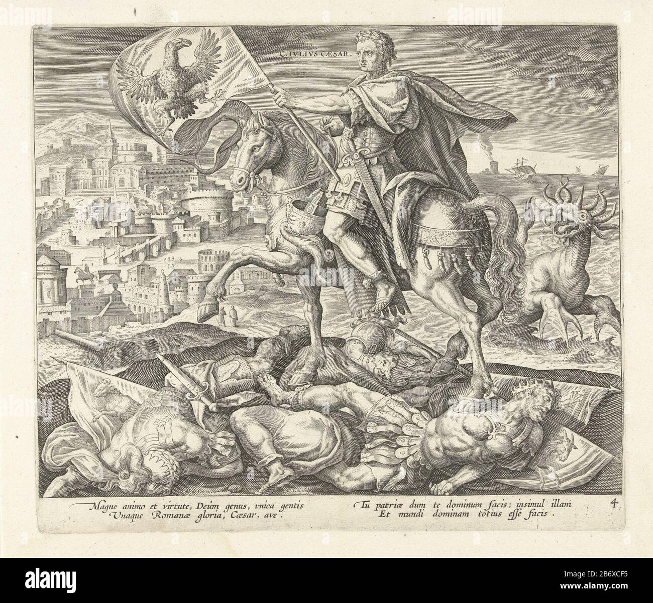 Giulio Cesare cavalcando un cavallo in mano una bandiera con l'immagine di un'aquila (Roma). Il cavallo calpestò il re Cyrus di Persia, Babylonia e Nino di Alessandro Magno. Sullo sfondo un paesaggio urbano. Oltre a Giulio Cesare viene dal mare veelhoornig un mostro apparso, un riferimento a un sogno di Daniel (Daniel 7) sulla nascita di quattro regni nel mondo. La stampa ha una didascalia latina ed è parte di una serie di quattro parti che quattro righelli portano nel contesto l'antichità con le previsioni di Daniël. Produttore : printmaker: Adriaen Collaert (proprietà in elenco) Designed by: Marten de V Foto Stock