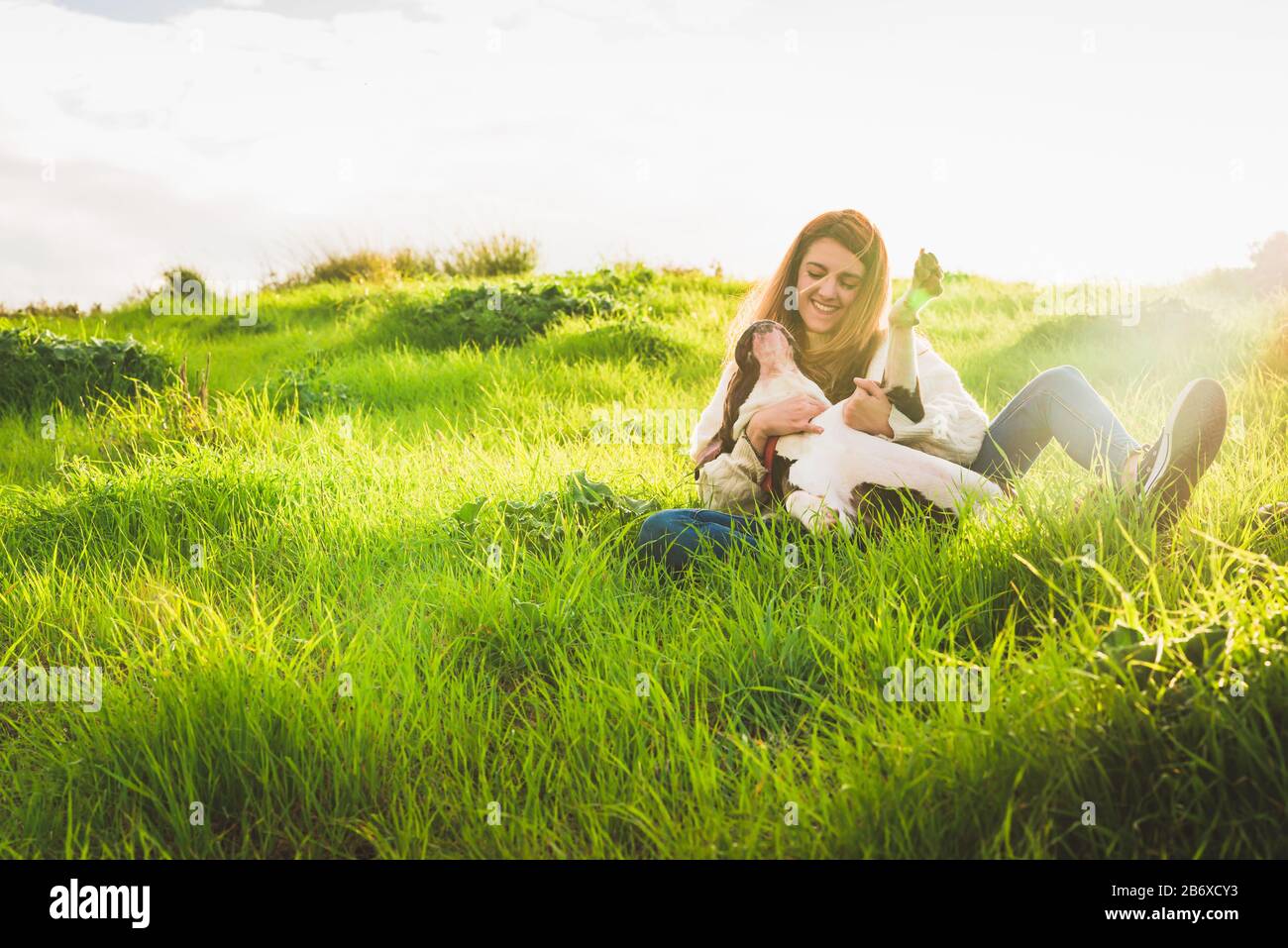 Giovane donna con maglia bianca e jeans che giocano con il terrier americano Staffordshire nel campo Foto Stock