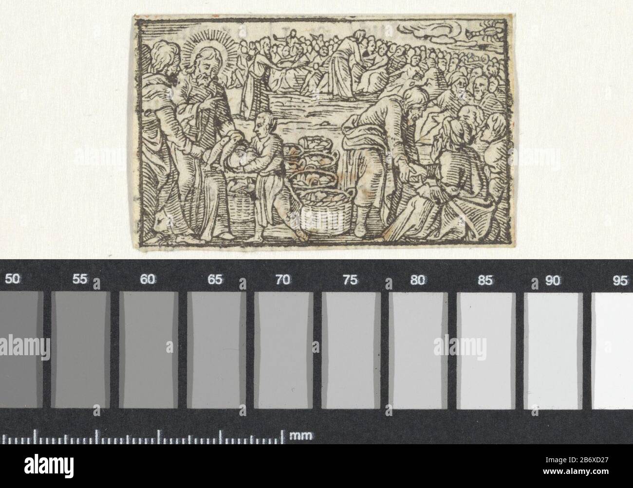 Juni Wonderbare spijziging en Wonderbare visvangst Maanden van het jaar (serietitel) )Plaats manufacture: Nederland dating: 1600 - 1699 Physical kenmerken: Houtsnede en tekst in boekdruk in zwart en rood op het verso Materiale papier: Techniek: Houtsde / boekdruk dimensioni: Blad: × 55 Mm Oggetto:   34 mm Moltiplicazione dei pani e dei pesci per una moltitudine di quattro o cinquemila persone (Matteo 14:13-21, 15:32-39; Marco 6:32-44, 8:1-10; Luca 9:10-17; Giovanni 6:1-14) Foto Stock