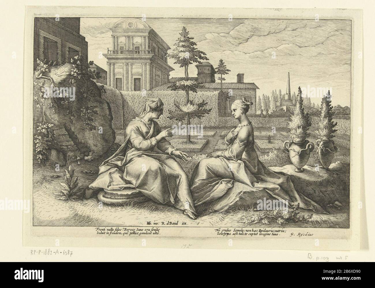 Juno raccomanda a Semele, sotto forma di Semele vecchia infermiera Beroe a Giove di chiedere spettacolo nella sua piena maestà. Solo se possono essere sicuri che il padre del bambino nel suo grembo è un dio e non un semplice mortale. Tra la mostra due volte due righe di testo latino. Questa stampa fa parte di una serie di 52 stampe che illustrano storie delle Metamorfosi di Ovidio. Questa serie è divisa in tre serie numerate: Due di 20 stampe e una di 12 stampe. Questo post fa parte del terzo produttore di set manufacturing: Printmaker: Hendrick Goltzius (studio) printmaker Robert the Baudous (studio) to design: Hendrick Go Foto Stock