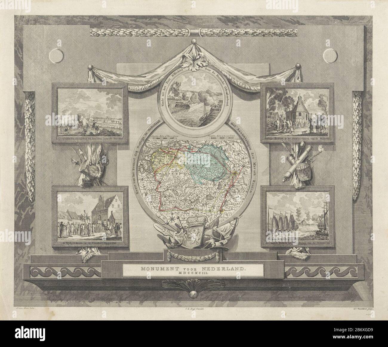 Kaart en voorstellingen van de gevechten in Brabant en Limburg, 1793 Monumento voor Nederland MDCCXCIII (titel op Object) Medallion con una mappa di Brabant e Limburg con le rotte di marzo durante la prima Coalizione-guerra con i francesi nel 1793. Con cinque rappresentazioni separate di eventi individuali a Venlo, Klundert e Willemstad. Produttore : tipografia: Daniel Molti Dove: D (i) (indicato sull'oggetto) disegnare di: Jacobus van Meurs (indicato sull'oggetto) editore: J. de Jongh (indicato sull'oggetto) Luogo di fabbricazione: Nord Paesi Bassi Data: 1793 caratteristiche Fisiche: Etching and engra, par Foto Stock