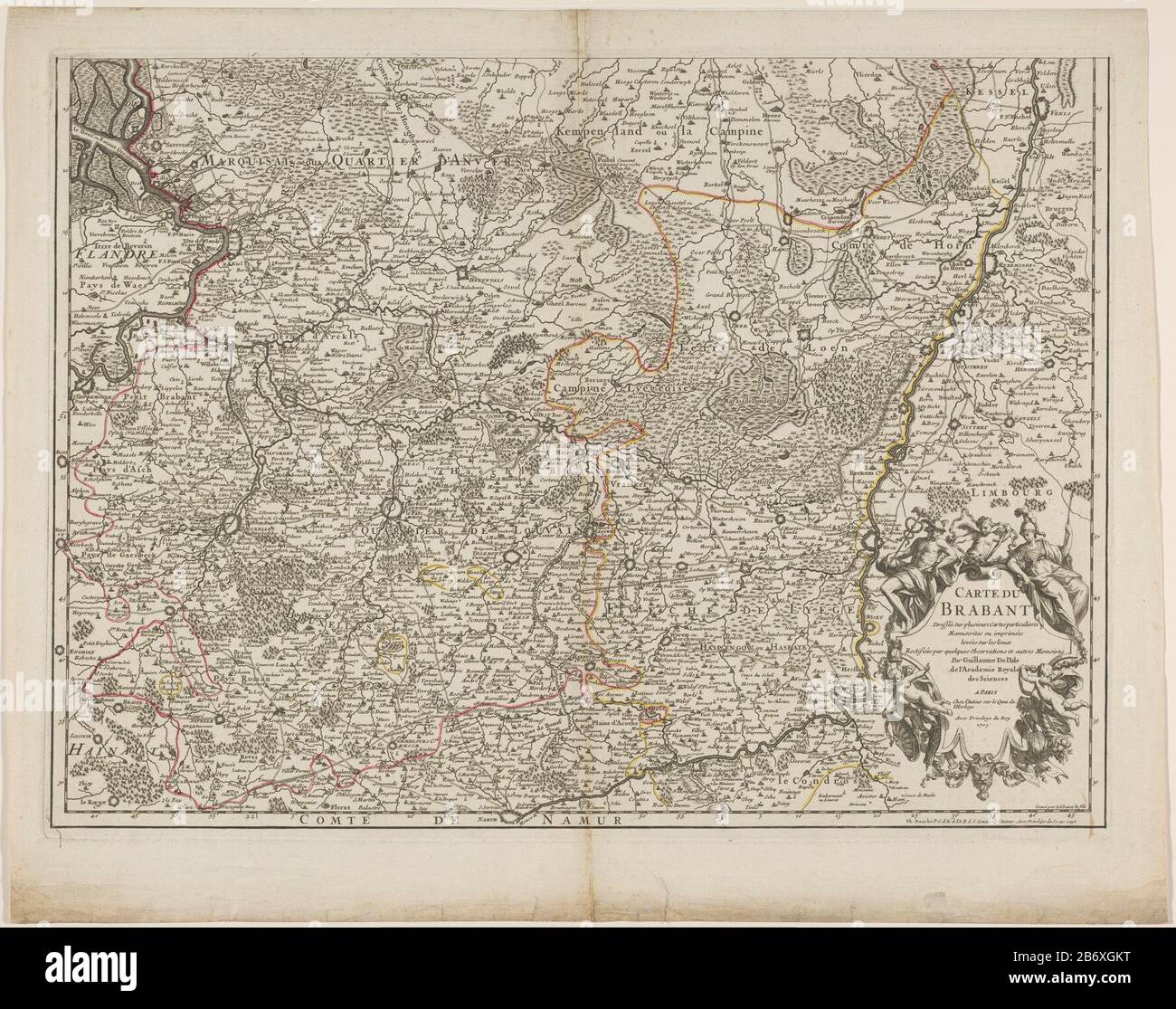 Parte inferiore di una mappa del Brabante. Proprio Sotto il titolo cartouche con Minerva, Mercurio e tre putti. La carta ha una distribuzione di grado lungo il randen. Produttore : stampatore Henri Liébaux fils (edificio elencato) stampatore Charles Louis Simonneau (edificio elencato) cartografo Guillaume Delisle (edificio elencato) Editore: Guillaume Delisle (attribuzione rifiutata) Editore: Philippe Buache (proprietà quotata) fornitore di privilegi: Louis XV (re di Francia) (edificio elencato) Fabbricazione Di Posti: Stampatore Parigi Cartografo: Paris Editore: Parigi Editore: Parigi: Parigi concettore di privilegi: Francia Data: 1745 Ph Foto Stock