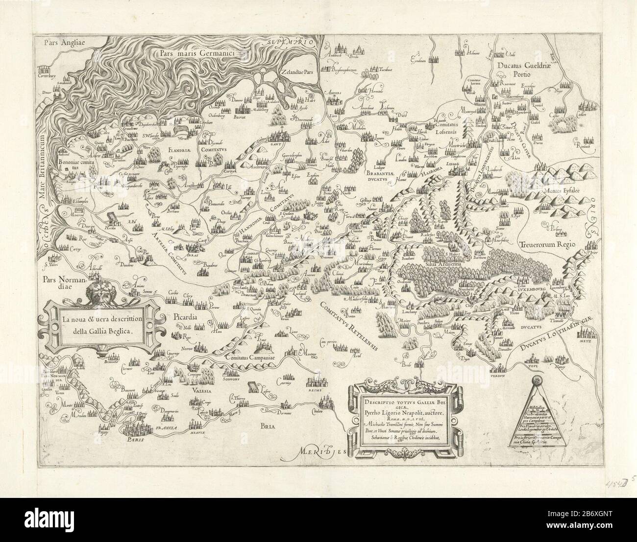 Mappa del Belgio e della Francia settentrionale. Con due tocchi con un'iscrizione e il titolo. La destra inferiore di una coppia di bussole con la scala. Tutte le intestazioni nel Latijn. Produttore : printmaker: Sebastiano di Re (listed property) Designed by: Pirro Ligorio (listed building) Editore: Michele Traezzino (listed property) Prodotto Del Luogo: Italia Data: 1558 caratteristiche Fisiche: Materiale vettura: Tecnica della carta : engra (printing process) dimensioni: Foglio: H 375 mm × W 492 mm Oggetto: mappe di paesi o regioni separati dove: 1540 - 1560 Foto Stock