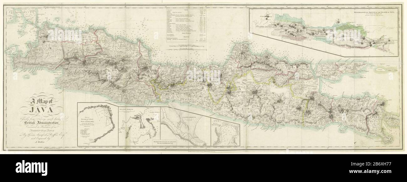 Kaart van Java ha incontrato vijf bijkaartjes una mappa di Java Principalmente da Indagini effettuate durante l'amministrazione britannica (titel op Object) Mappa di Java, confini colorati e coste. Con cinque bijkaartjes: Plan Palabuan Ratu o Wine Coops Bay di Capt. BAANE, il porto occidentale e orientale formato anche dall'isola di Nusa Kambang'an, Bay Pachitan, destra Mineralogical map di Thomas Horsfield, 1812. Al di Sopra della scala inglese e olandese mijlen. Produttore : cartografo Thomas Stamford Raffles (Sir ) (listed building) performer: John Walker (listed building) publisher: Black Parbury & Allen (listed pro Foto Stock