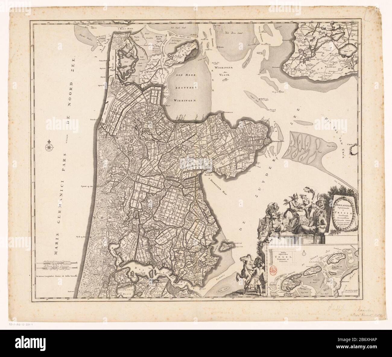 Kaart van Noord-Holland en een deel van Friesland Hollandiae settentrionalis & Frisiae occidentalis accurata delineatio (titel op object) In Basso a sinistra due poli scala: Milli aria Germanica COMMUNIA / Duytsche Mylen 15 in osso; Milli aria Gallica COMMUNIA / France leghe o'clock. Proprio Sotto il titolo cartouche circondato da varie figure Dove: Sotto un uomo con un cavallo, satiri, putti, Mercury Cornucopia prende una figura di donna, e un fiume dio. Sotto una carta d'impegno dalla zona del mare di Wadden con una barra della scala: Le leghe brutte di Duytsche. Distribuzione del grado lungo la rand Foto Stock