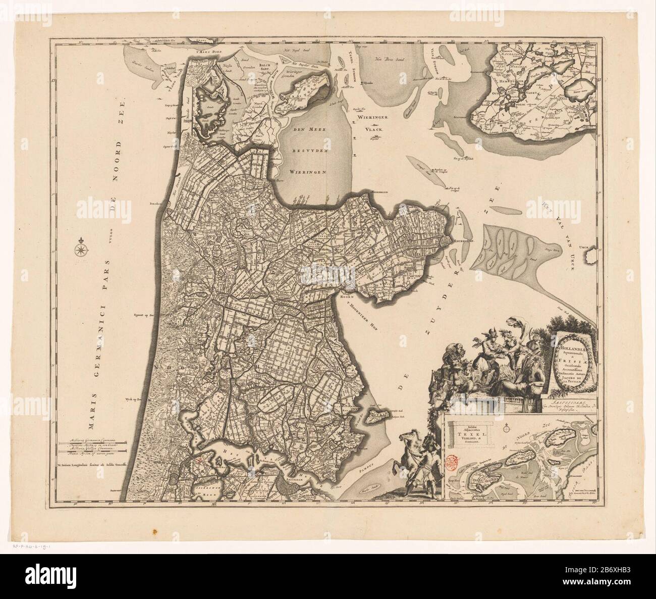 Kaart van Noord-Holland en een deel van Friesland Hollandiae settentrionalis & Frisiae occidentalis accurata delineatio (titel op object) In Basso a sinistra due poli scala: Milli aria Germanica COMMUNIA / Duytsche Mylen 15 in osso; Milli aria Gallica COMMUNIA / France leghe o'clock. Proprio Sotto il titolo cartouche circondato da varie figure Dove: Sotto un uomo con un cavallo, satiri, putti, Mercury Cornucopia prende una figura di donna, e un fiume dio. Sotto una carta d'impegno dalla zona del mare di Wadden con una barra della scala: Le leghe brutte di Duytsche. Distribuzione del grado lungo la rand Foto Stock