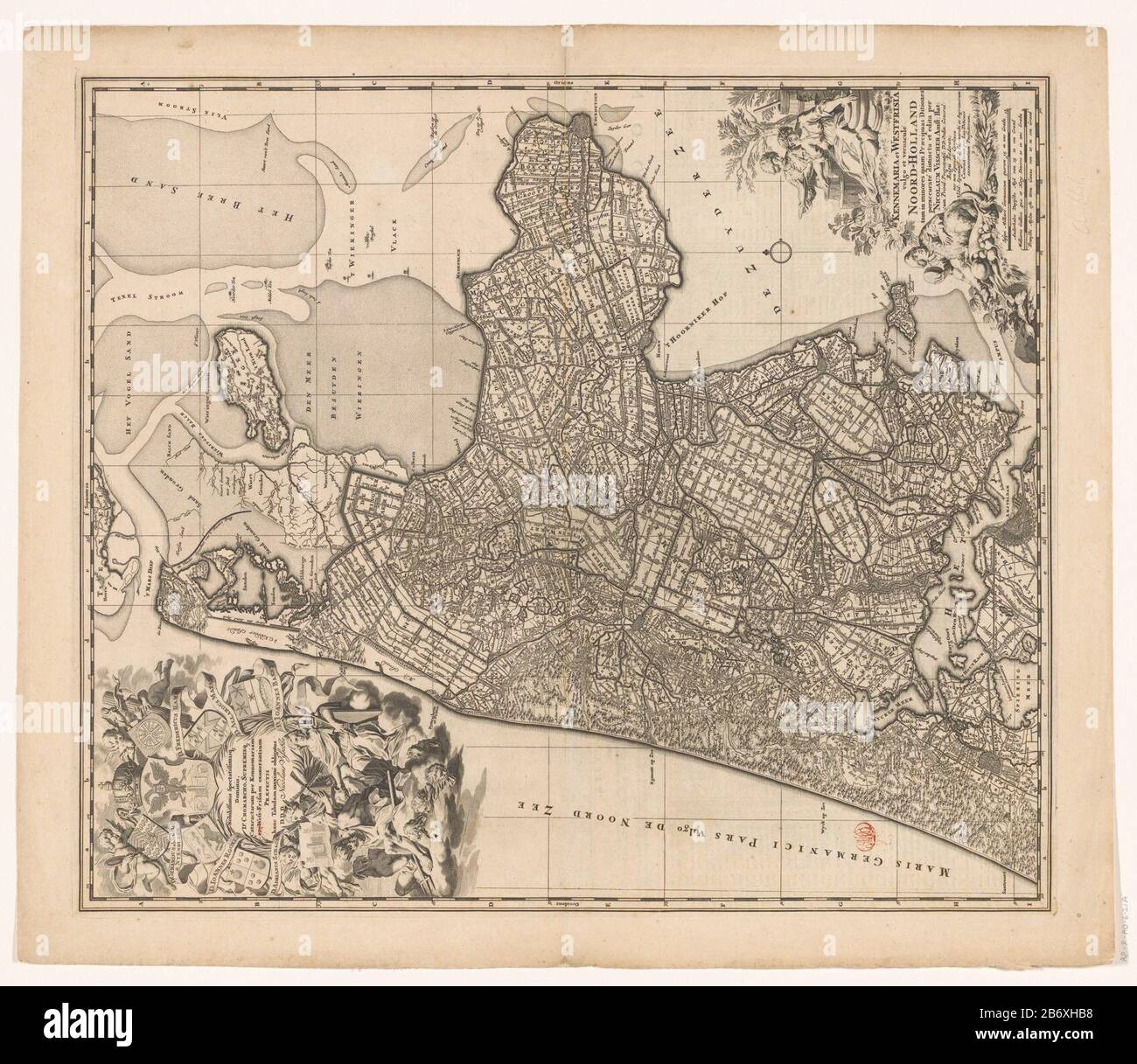 In alto a sinistra un cartouche con il contratto, il braccio del Water Board di Uitwaterende blocchi a Kennemerland e Friesland occidentale gli stemmi del dijkgraaf e alto heemraden. Sotto una figura femminile che ha un mulino nelle sue mani e una figura femminile che include tenere un pezzo di stoffa Dove: Incatenato lungo un fiume dio sotto di lei e Nettuno. Sotto due figure femminili, Giove e un dio del fiume. In basso a destra, il titolo cartouche che è circondato da una serie di figure e oggetti che si riferiscono all'agricoltura. Tra questi due bastoni: Sesqui milliare Germanicum quorum 15 in uno Foto Stock