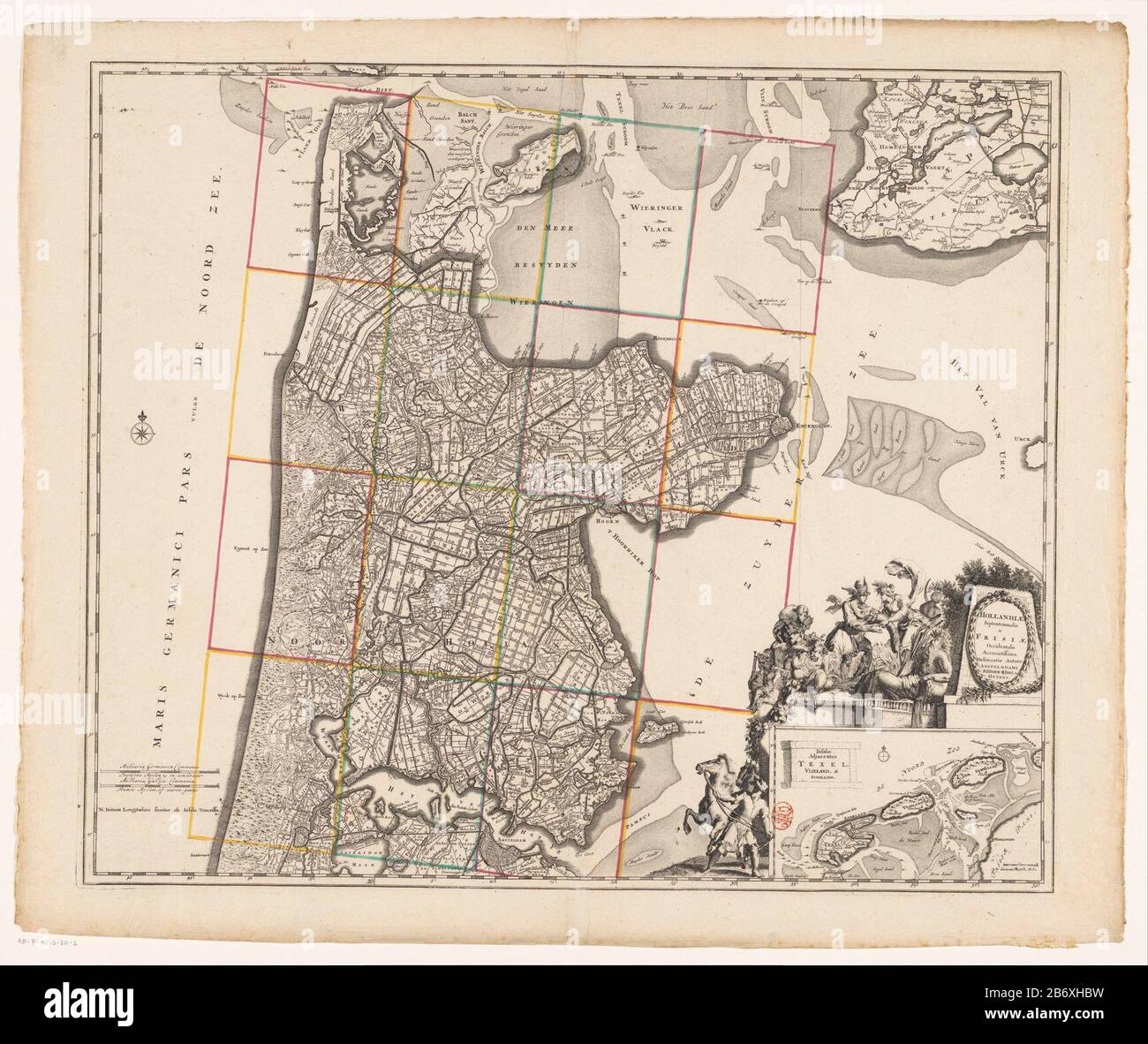 Kaart van Noord-Holland en een deel van Friesland Hollandiae settentrionalis & Frisiae occidentalis accurata delineatio (titel op object) In Basso a sinistra due poli scala: Milli aria Germanica COMMUNIA / Duytsche Mylen 15 in osso; Milli aria Gallica COMMUNIA / France leghe o'clock. Proprio Sotto il titolo cartouche circondato da varie figure Dove: Sotto un uomo con un cavallo, satiri, putti, Mercury Cornucopia prende una figura di donna, e un fiume dio. Sotto una carta d'impegno dalla zona del mare di Wadden con una barra della scala: Le leghe brutte di Duytsche. Distribuzione dei gradi lungo l'edg Foto Stock
