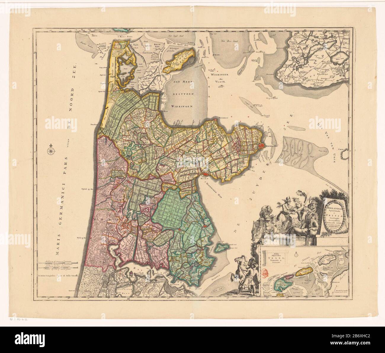 Kaart van Noord-Holland en een deel van Friesland Hollandiae settentrionalis & Frisiae occidentalis accurata delineatio (titel op object) In Basso a sinistra due poli scala: Milli aria Germanica COMMUNIA / Duytsche Mylen 15 in osso; Milli aria Gallica COMMUNIA / France leghe o'clock. Proprio Sotto il titolo cartouche circondato da varie figure Dove: Sotto un uomo con un cavallo, satiri, putti, Mercury Cornucopia prende una figura di donna, e un fiume dio. Sotto una carta d'impegno dalla zona del mare di Wadden con una barra della scala: Le leghe brutte di Duytsche. Distribuzione del grado lungo la rand Foto Stock