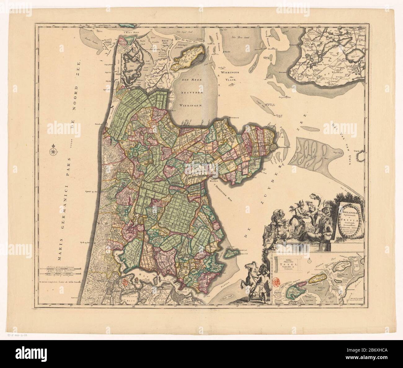 Kaart van Noord-Holland en een deel van Friesland Hollandiae settentrionalis & Frisiae occidentalis accurata delineatio (titel op object) In Basso a sinistra due poli scala: Milli aria Germanica COMMUNIA / Duytsche Mylen 15 in osso; Milli aria Gallica COMMUNIA / France leghe o'clock. Proprio Sotto il titolo cartouche circondato da varie figure Dove: Sotto un uomo con un cavallo, satiri, putti, Mercury Cornucopia prende una figura di donna, e un fiume dio. Sotto una carta d'impegno dalla zona del mare di Wadden con una barra della scala: Le leghe brutte di Duytsche. Distribuzione del grado lungo la rand Foto Stock
