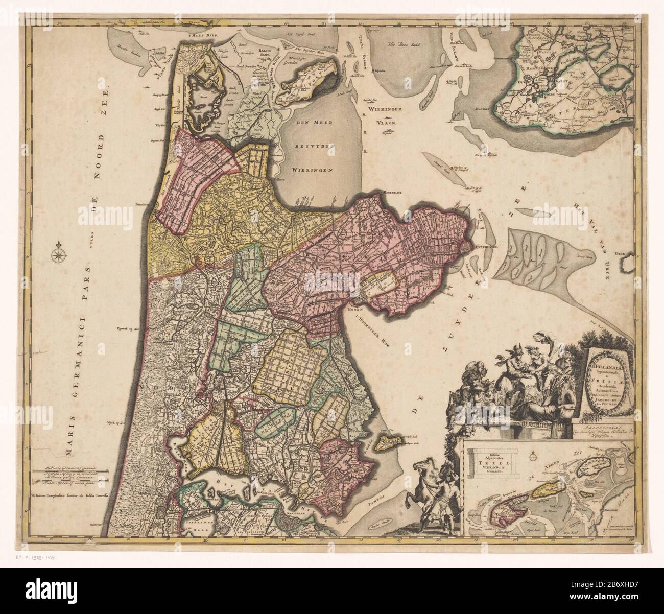 Kaart van Noord-Holland en een deel van Friesland Hollandiae settentrionalis & Frisiae occidentalis accurata delineatio (titel op object) In Basso a sinistra due poli scala: Milli aria Germanica COMMUNIA / Duytsche Mylen 15 in osso; Milli aria Gallica COMMUNIA / France leghe o'clock. Proprio Sotto il titolo cartouche circondato da varie figure Dove: Sotto un uomo con un cavallo, satiri, putti, Mercury Cornucopia prende una figura di donna, e un fiume dio. Sotto una carta d'impegno dalla zona del mare di Wadden con una barra della scala: Le leghe brutte di Duytsche. Distribuzione del grado lungo la rand Foto Stock