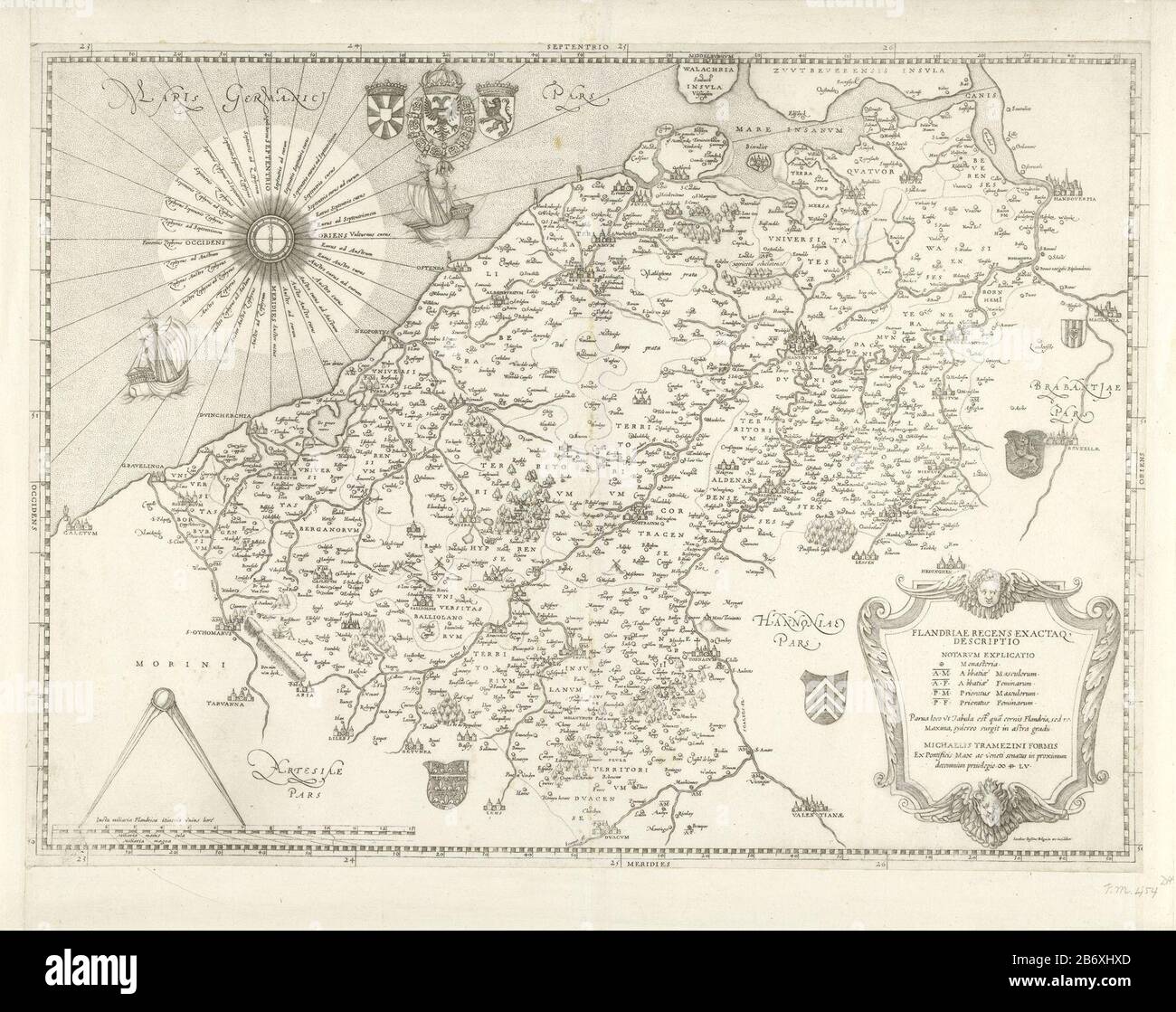 Kaart van Vlaanderen en Henegouwen, 1555 Flandriae recens exactaq descriptio (titel op Object) Mappa delle Fiandre e Hainaut. In basso a destra un cartouche con la didascalia, in basso a sinistra della bussola con scale. In alto a sinistra lo stemma imperiale con il Fleece d'oro. Tutte le intestazioni nel Latijn. Produttore : stampatore Jacob Bos (proprietà in elenco) Designed by Gerardus Mercator to design: Jacob van Deventer Editore: Michele Traezzino (proprietà in elenco) Fabbricazione Di Posti: Stampatore: Italia Editore: Venezia Data: 1555 caratteristiche Fisiche: Materiale per auto : carta Tecnica: Engra (proce di stampa Foto Stock