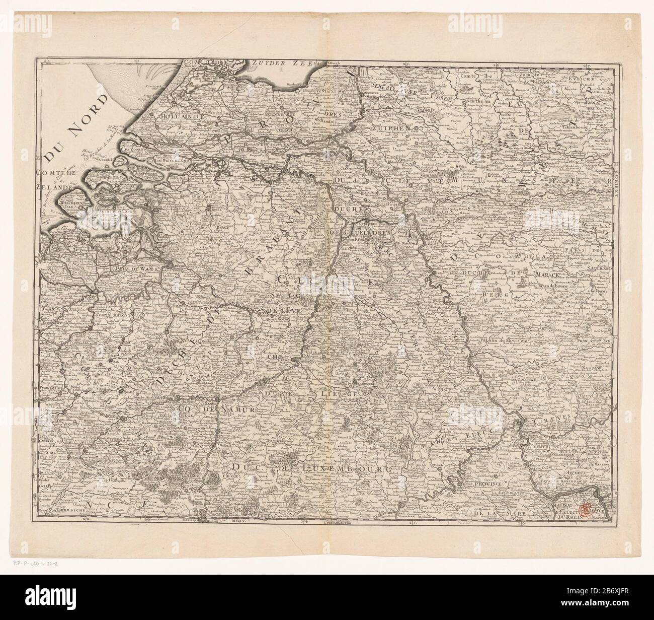 Parte di una mappa in tre parti delle Province Seventeen nella parte meridionale dell'Olanda, della Zelanda, di Utrecht, di Gelderland, di Overijssel e di una parte dei Paesi Bassi meridionali. La carta ha una distribuzione di grado lungo il randen. Produttore : stampatore Charles Inselincartografaf: Charles Island Inuit Richiedente: Bernard Jean Hyacinthe JaillotPlats fabbricante: Parigi Data: 1713 Materiale: Tecnica della carta: Engra (processo di stampa) dimensioni: Bordo della lastra: H 475 mm × W 600 mm Oggetto: Mappe di paesi o regioni separati dove: Paesi Bassi Belgio Foto Stock