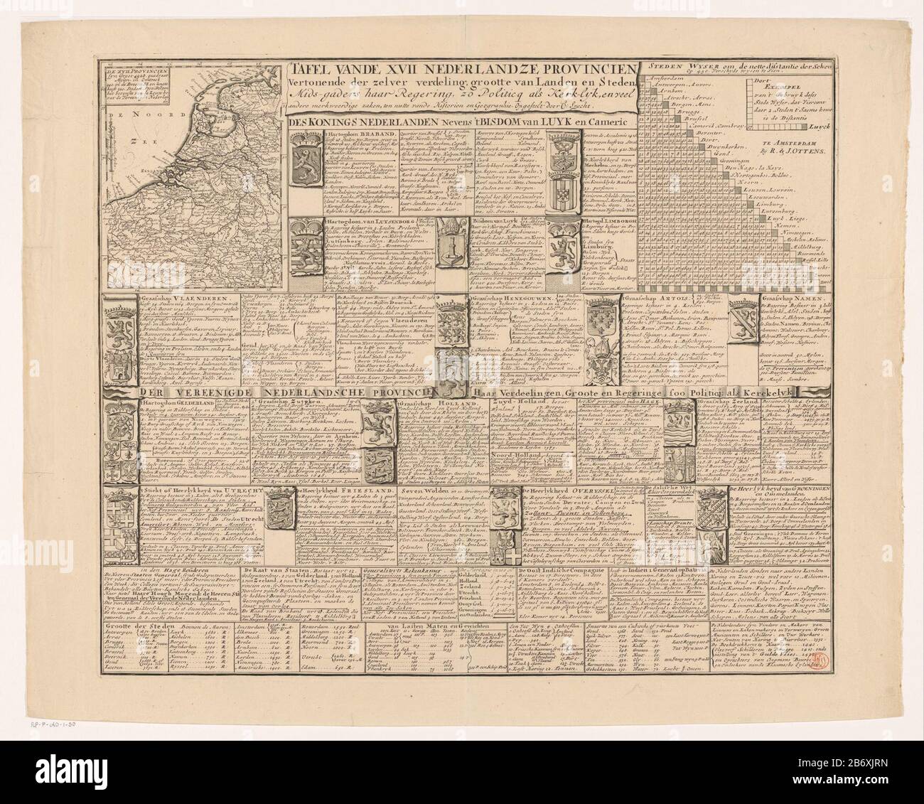 In alto a sinistra una mappa delle Province diciassette che mostra in alto a sinistra un titolo e una descrizione. La carta è dotata di una scala di gradi lungo i bordi, e di una barra di scala: Media Duytsche miglia. A destra un puntatore di città Dove: Può essere cercato sulle distanze tra trenta città principali. Il resto del quadro fornisce una panoramica sistematica di ogni provincia con armi e informazioni geografiche, storiche e costituzionali. Produttore : stampatore: Caspar Specht (edificio elencato) nel suo disegno: Caspar Specht (edificio elencato) editore: Reinier Ottens ( i) & Joshua (proprietà elencata) Fabbricazione Del Posto Foto Stock