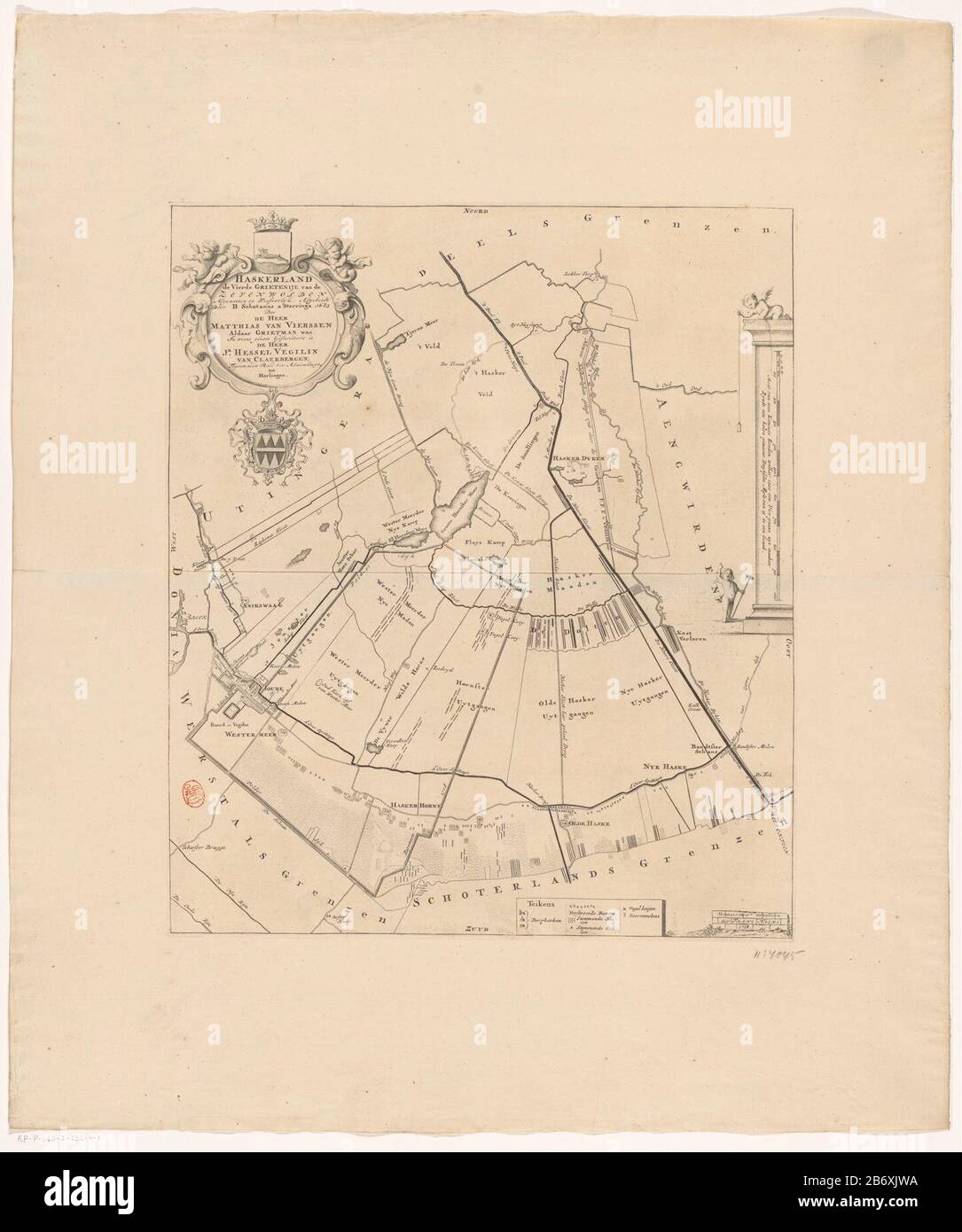 Kaart van de grietenij Haskerland Haskerland de vierde grietenije van de Zevenwolden (titel op Object) inizio pagina cartouche sinistra con titolo, informazioni amministrative su grietenij e armi Haskerland e Matthias grietman di Vierssen. Sulla destra una colonna con una barra di scala: Dimensione di 1.000 re le cui verghe 1200 sono un uire camminare uyt fare pace questo è un metà vizioso Duytsche Myle di 15 in un certo grado. Circa putti con attrezzatura di indagine. Legenda in basso a destra. Produttore : printmaker: Anonimo cartografo: Bernardus Schotanus à Sterringa (edificio in lista) editore: François Halma (proprietà in lista) P. Foto Stock