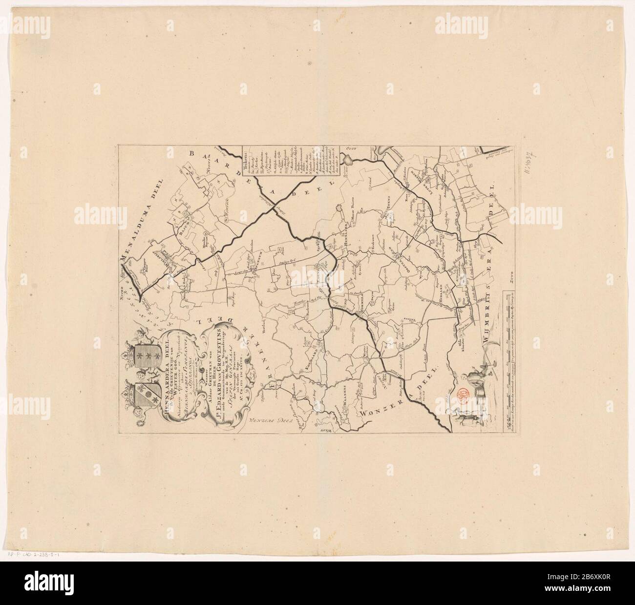 Kaart van de grietenij Hennaarderadeel Hennaardera deel de vyfde grietenije van Wester goo (titel op Object) inizio pagina a sinistra cartouche con titolo, informazioni amministrative su grietenij e armi Hennaarderadeel e grietman squire Edzard van Grovestins. In basso a sinistra una barra della scala: Dimensione 1200 le aste del re fanno reddito un guire nasty leghe e deser 2000 un miglio di Duytze nasty 15 in un grado. Inoltre, un contadino e una donna con vasche di burro. Legenda destra. Produttore : printmaker: Anonimo cartografo: Bernardus Schotanus à Sterringa (edificio in lista) editore: François Halma (proprietà in lista) Luogo ma Foto Stock