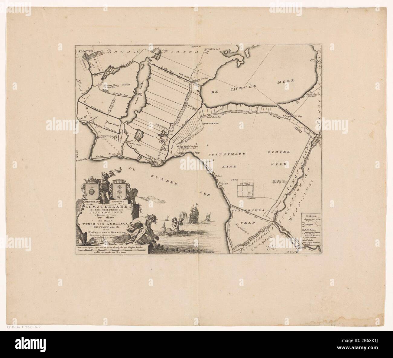 Kaart van de grietenij Lemsterland Lemsterland de seste grietenije der Zevenwolden (titel op object) In Basso a sinistra cartouche con titolo e informazioni amministrative sulla grietenij. Intorno alle armi Lemsterland e grietman Tinco di Andringa, due putti, un dio dell'acqua per recuperare reti da pesca e un triton. Sotto una barra di scala: Mezzo Duytze Myle 15 in un polveroso 1000 gradi verghe re di cui 1200 fanno la pace un guire leghe. Legenda in basso a destra. Produttore : stampatore: Caspar Luyken (attribuito a) cartografo: Bernardus Schotanus à Sterringa (edificio elencato) editore: François Halma (elencato Foto Stock