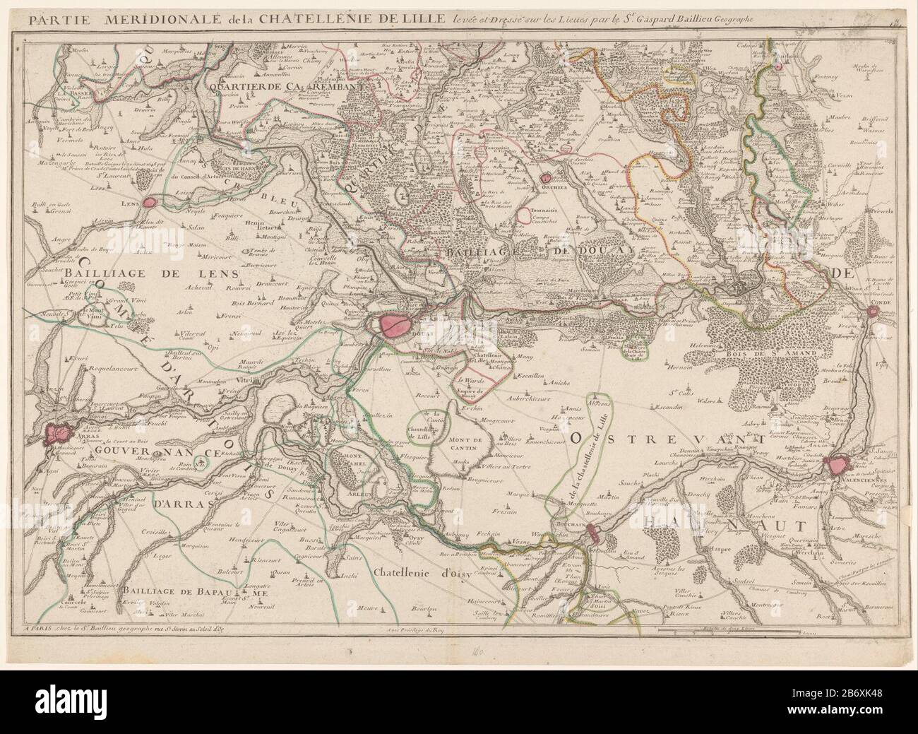 Kaart van de kasselrij Rijsel Partie meridionale de la chatellenie de Lille (titel op object) card castellany Lille (Lille). Sopra il titolo della mappa. A destra una barra di scala: Echelle de deux Lieues. Produttore : stampatore: Cartografo anonimo: Gaspard Bailieu (edificio elencato) editore: Gaspard Bailieu (proprietà quotata) fornitore di privilegi: Louis XIV (Re di Francia) (edificio elencato) Luogo produzione: Parigi Data: 1690 - 1744 caratteristiche Fisiche: Acquaforte e engra, materiale colorato a mano: Carta Tecnica: Acquaforte / engra (processo di stampa) / misure a colori a mano: Bordo: Lastra: h 495 mb Foto Stock