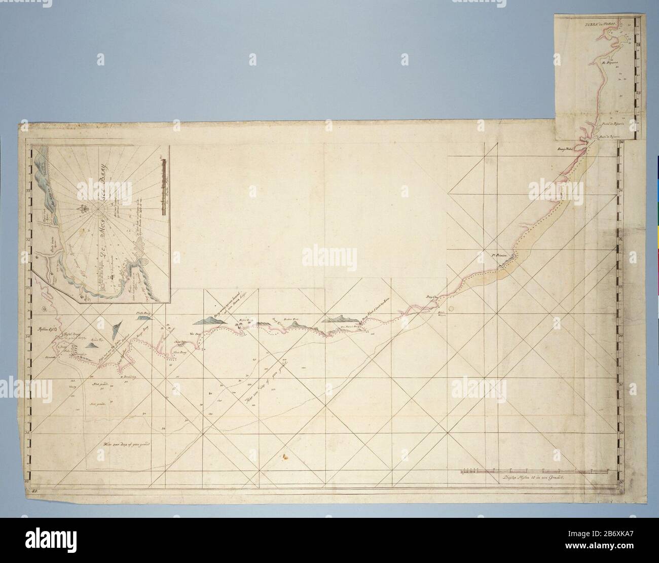 Kaart van de kustlijn vanaf Saldanhabaai tot Richardsbaai, met een detailkaart van Mosselbaai Piantina della costa da Saldanha Bay a Richards Bay, con una mappa dettagliata Di Mossel Bay Property Type: Drawing card topographical drawing numero articolo: RP-T-1914-17-14 Iscrizioni / marchi: Annotazione, su tutta la mappa e mappa dettagliata: Descrizione delle aree e dei nomi e dei nomi delle località delle aziende agricole; con disposizione a compasso; vedi De Jong (seconda segretaria di scrittura a mano) Descrizione: La mappa copre approssimativamente la costa dalla Baia di Saldanha a ovest a Richard Bay a est; sbloccato per mezzo di una mappa di guida, è diviso i Foto Stock