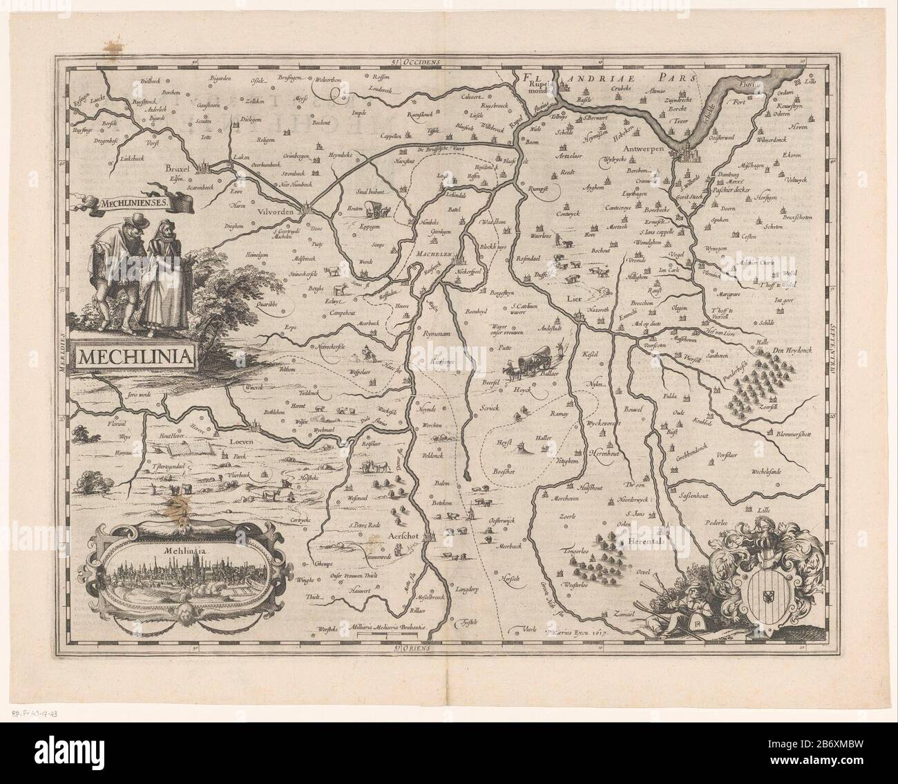 Kaart van een deel van Vlaanderen Mechlinia (titel op Object) Mappa di parte delle Fiandre, la zona intorno a Mechelen . Sotto il braccio destro di Mechelen anche un piper. In basso a sinistra un cartouche con una vista sulla città di Mechelen. A sinistra della carta si adattano due figure, che raffigurano persone di Mechelen. In basso, a sinistra del centro, una scala bar: 2 Milli aria Medidiria Brabantiae. La scheda è dotata di una scala di gradi lungo i bordi. Su verso latino tekst. Produttore : printmaker: Anonymous publisher: Pieter van den Keere (listed property) Luogo produzione: Amsterdam Data: 1617 - 1622 Caratteristiche Fisiche: E Foto Stock