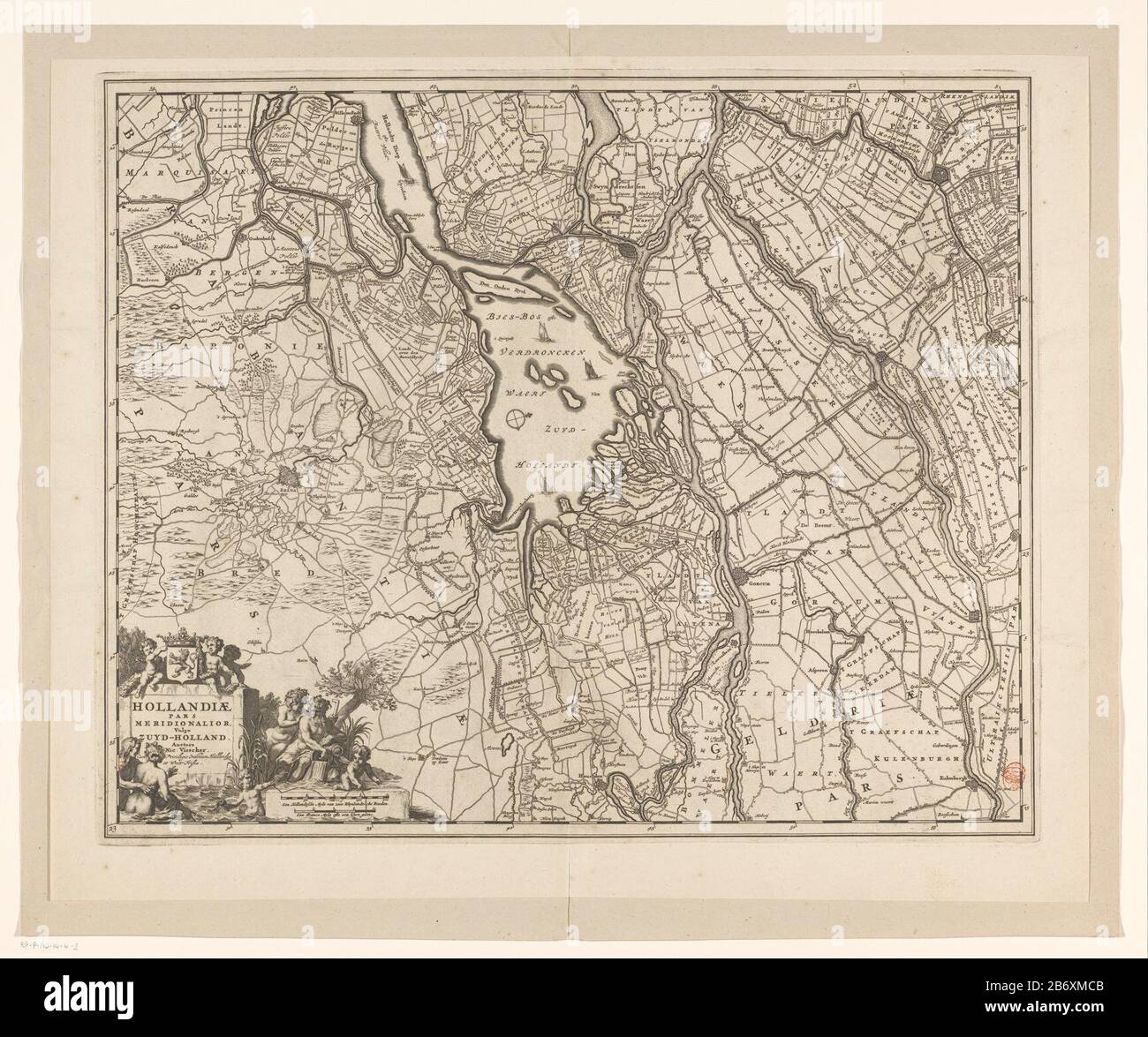 Kaart van een deel van Zuid-Holland Hollandiae pars meridiionalior vulgo Zuyd-Holland (titel op Object) Mappa di parte dell'Olanda del Sud intorno a Biesbos. A sinistra sotto il titolo cartouche sormontato dai bracci dell'Olanda. Intorno a essa putti e un certo numero di figure, dove: Sotto un fiume god. A destra del titolo cartouche in acqua una cartuccia con due poli shell: Un Hollandtsche Myle 2000 Rhynlandtsche verghe; UN France Myle un polveroso Uure Gaens. Distribuzione dei gradi lungo i bordi. Orientamento: Nord rechts. Produttore : printmaker: Anonymous to design: Nicolaes Visscher (II) (listed building) publ Foto Stock