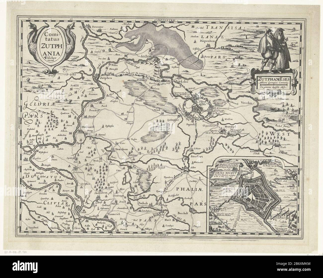 Kaart van graafschap Zutphen, 1627 Comitatus Zutphania (titel op Object) Mappa della contea Zutphen 1627Comitatus Zutphania (title Object) tipo Di Oggetto: Cartolina numero articolo: RP-P-OB-81.150Catalogusreferentie: FMH 1565-CbOpmerking (aggiunto numero RPK) Hollstein Dutch 235-3 ( Zutphen County), 1627) Descrizione: In alto a destra due figure in costume regionale. Giusto una scommessa con una mappa di Groenlo assediata dalle forze militari sotto Federico Enrico nel 1627. Senza il testo sotto il prent. Produttore : printmaker Pieter van der Post Time autore: Claes Jansz. Visscher (II) (studio) Editor: Cl Foto Stock
