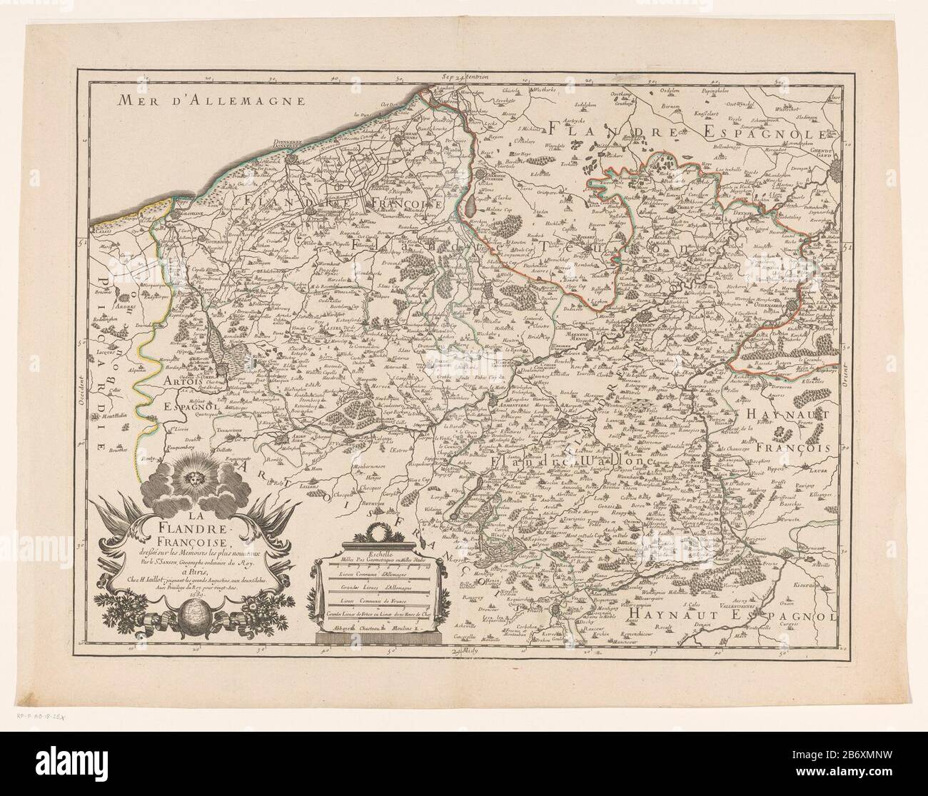 Kaart van het Franse deel van Vlaanderen la Flandre Francoise (titel op Object) Mappa della parte francese delle Fiandre. Link Sotto il titolo cartouche. In basso, a sinistra del centro, un cartouche con la leggenda e cinque poli shell 10 Milles Milles Solo Geometriques ou d'Italie / 2 Lieues Comunes d'Allemagne, e altri tre. La carta è fornita di una scala di gradi lungo il randen. Produttore : stampatore: Cartografo anonimo: Nicolas Sanson (i) (mostrato sull'oggetto) cartografo: Guillaume Sanson (indicato sull'oggetto) cartografo: Adrien Sanson (indicato sull'oggetto) editore: Alexis Hubert Jaillot (lis Foto Stock