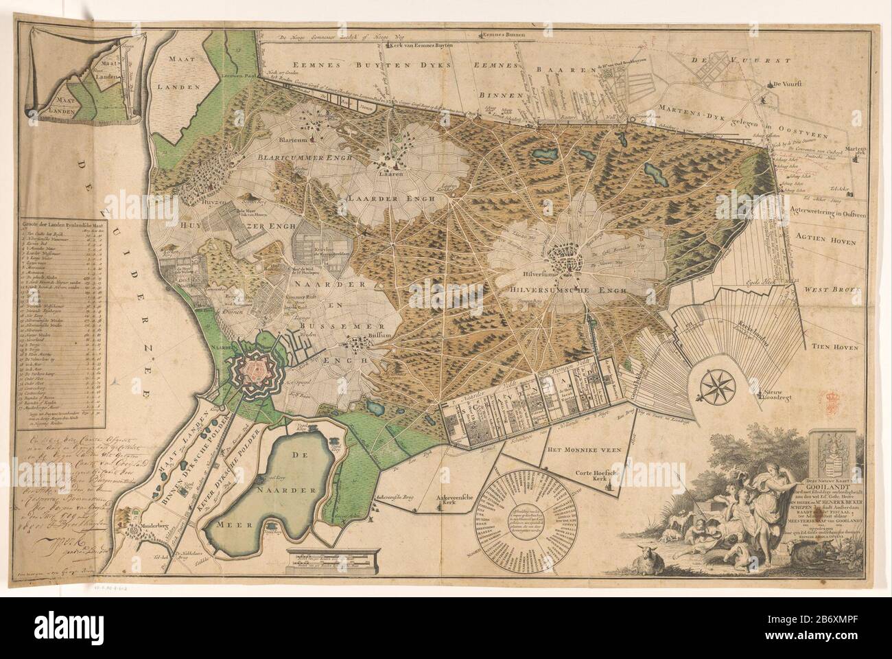 Kaart van het Gooi Nieuwe kaart van Gooilandt (titel op Object) in alto a sinistra una carta scommessa Maatlanden, compresa la leggenda. In basso a sinistra del centro due bastoni shell: Specifiche di 500 verghe Gooysche dimensione; posate di 500 verghe Rynlandsche dimensione. In basso a destra al centro di una bussola con i nomi delle località dell'area. A destra un cartouche con il comando e sopra le braccia di Hendrick Hendricksz. Bicker (II). Intorno a cani da caccia, pecore, putti e tre figure femminili Dove: Sotto Diana. Produttore : printmaker: Hendrik Post (edificio elencato) colorist Jan Perk (edificio elencato) publishe Foto Stock
