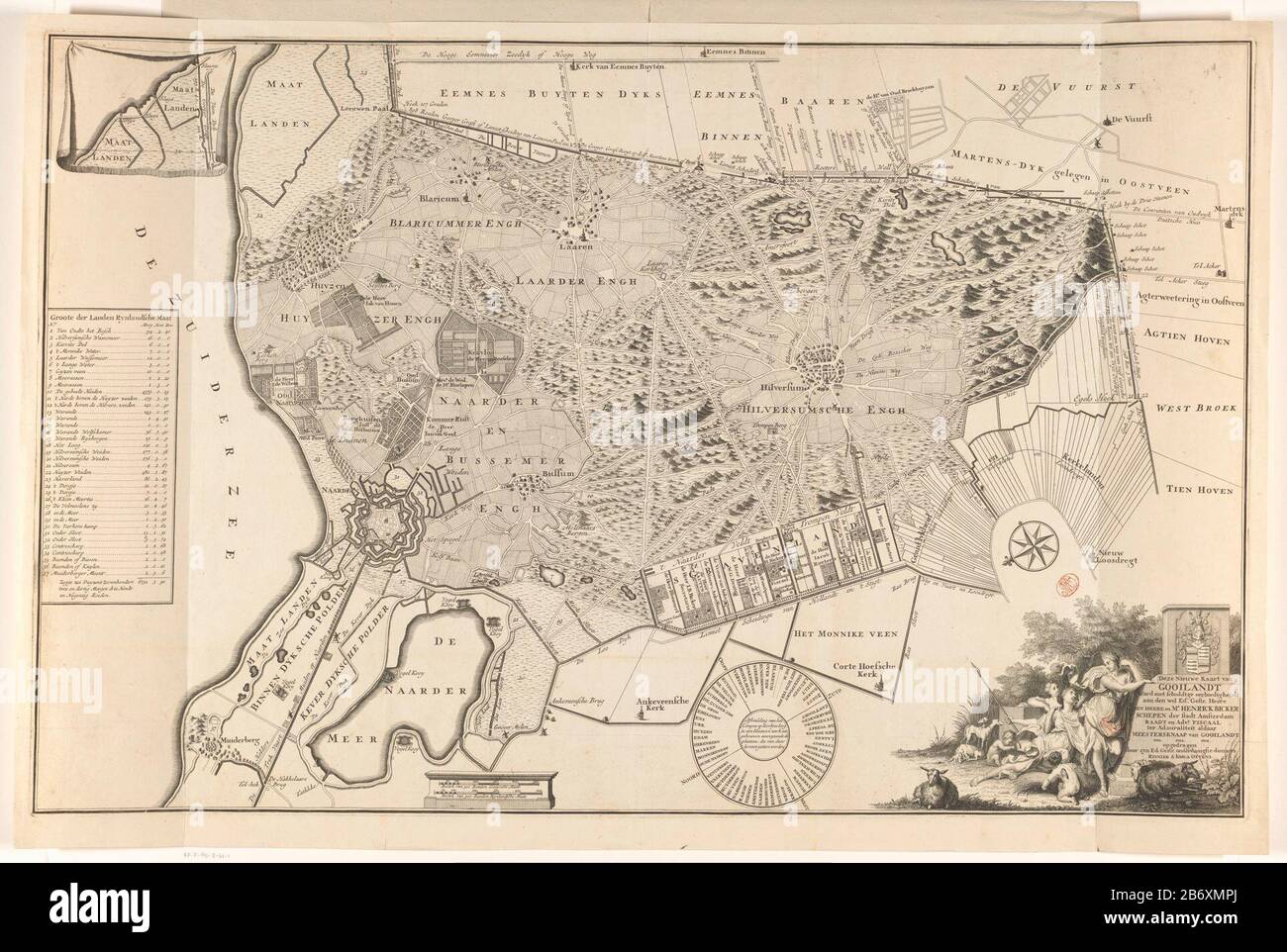 Kaart van het Gooi Nieuwe kaart van Gooilandt (titel op Object) in alto a sinistra una mappa inset del Maatlanden, la leggenda qui sotto. In basso a sinistra del centro due bastoni shell: Specifiche di 500 verghe Gooysche dimensione; posate di 500 verghe Rynlandsche dimensione. In basso a destra al centro di una bussola con i nomi delle località dell'area. A destra un cartouche con il comando e sopra le braccia di Hendrick Hendricksz. Bicker (II). Intorno a cani da caccia, pecore, putti e tre figure femminili Dove: Sotto Diana. Produttore : stampatore: Hendrik Post (edificio elencato) editore: Reinier Ottens (i) e Joshu Foto Stock