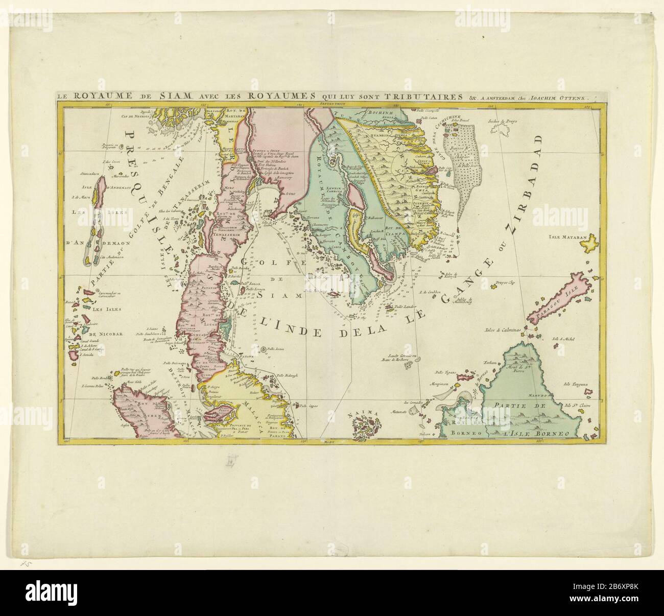 Kaart van het Koninkrijk Siam (bovenste helft) le Royaume de Siam, avec les royaumes qui lui sont tributaires &c (titel op object) Mappa del Regno del Siam (Ayutthaya Kingdom) e dei suoi stati vassali, aree diverse di colori diversi, nessuna scala di visualizzazione. Nella foto sono raffigurati Indochina con Siam e Cambogia, Malesia e parti delle isole di Sumatra e Borneo. Parte superiore di una mappa dell'intero koninkrijk. Produttore : cartografo: Joachim Ottens (indicato sull'oggetto) tipografo: Anonymous location manufacturing: Amsterdam Data: 1675 - 1719 caratteristiche Fisiche: Engra, materiale colorato a mano: Foto Stock