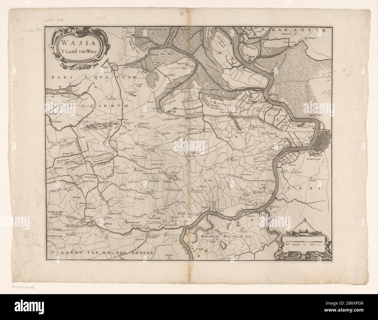 Kaart van het Waasland Wasia 'T Land van Waes (titel op Object) Mappa del Waasland. In alto a sinistra il titolo cartouche. Destra una barra di scala: Questo begijpt un mijle. Produttore : stampatore Ernst Ludwig Creite (edificio elencato) Editore: Carolus Fox (disponibile) Editore: Joannes Baptista de Vos (possibile) Luogo di produzione: Printmaker: The Hague Editore: Bruxelles Editore: Bruxelles Data: 1735 Materiale: Tecnica della carta: Engra (processo di stampa) / dimensioni di incisione: Bordo della lastra: H 364 mm × W 445 mmToelichtingPrent usato anche in: Sandero, Antonius. Flandria illustrata provinciis ac comitatus (...) Foto Stock