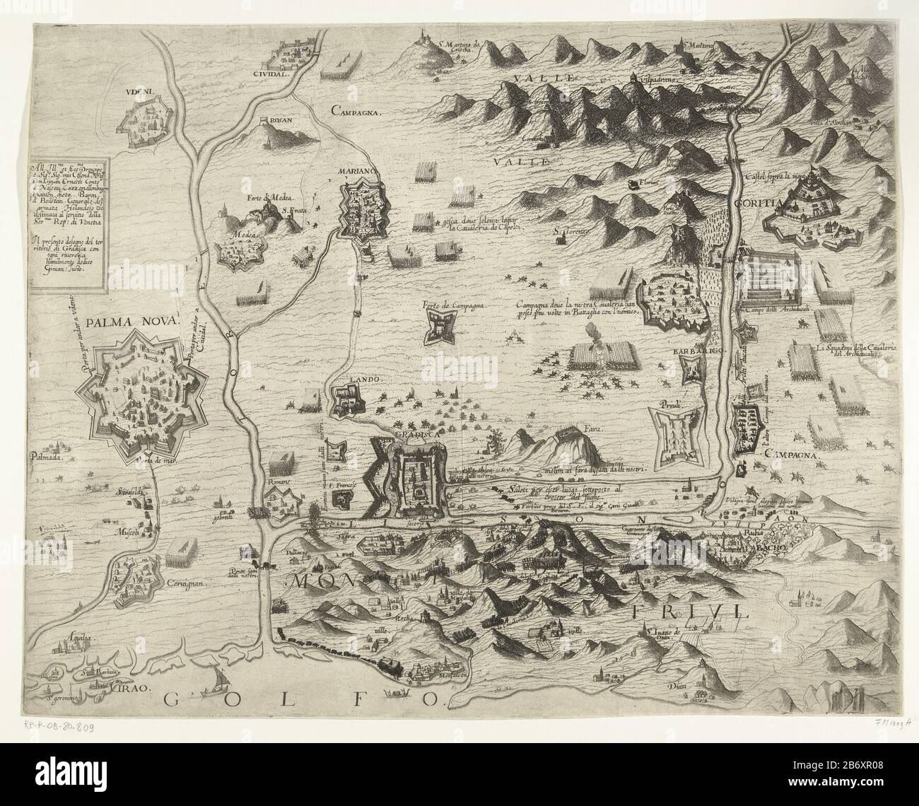 Kaart van het belem van de vesting Gradisca, 1616 Mappa dell'assedio della fortezza di Gradisca, situata sul fiume Livenzo, E altri luoghi a Friulië dalle truppe sotto Johan Ernst i, conte di Nassau-Siegen, comandante al servizio della repubblica di Venezia, 1616. Nel mezzo Gradisca, lungo la costa sul Golfo di Venezia, a sinistra Palmanova . Con iscrizioni nella presentazione in Italia. Produttore : stampatore Giovanni Justooppgedragen ad Ernst Casimir Conte di Nassau-Dietz (edificio listato) commissionato da Giovanni Justo (proprietà listata) Luogo di produzione: Italia Data: 1616 P. Foto Stock