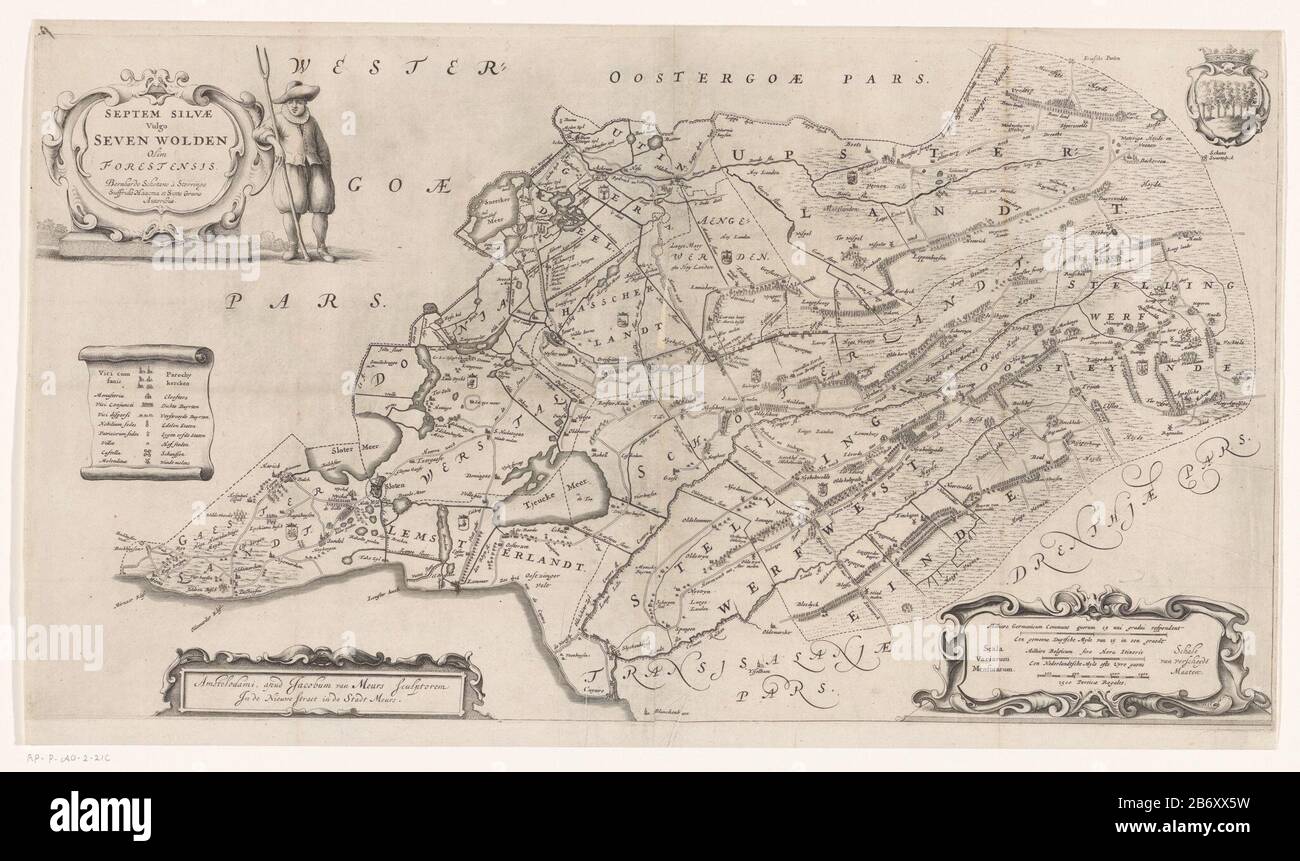 Kaart van het kwartier Zevenwouden Septem Silvae vulgo Seven Wolden olim forestensis (titel op Object) titolo in alto a sinistra cartouche con un pozzo manfiguur con una forchetta, compresa la leggenda. Braccio superiore destro di Zevenwouden a destra sotto tre bastoni della shell: Milliare Germanicum comune quorum 15 uni graduali respondent / A nasty Duytsche Myle 15 in graedt, Milliare Belgicum sive hora itineris / A Nederlandt Serbo Myle polveruly uyre Gaens, 1500 perticae regales. Produttore : stampatore: Jacob van Meurs (edificio elencato) cartografo: Bernardus Schotanus à Sterringa (edificio elencato) cartografo Sjoerd Ae Foto Stock Kaart van het kwartier Zevenwouden Septem Silvae vulgo Seven Wolden olim forestensis (titel op Object) titolo in alto a sinistra cartouche con un pozzo manfiguur con una forchetta, compresa la leggenda. Braccio superiore destro di Zevenwouden a destra sotto tre bastoni della shell: Milliare Germanicum comune quorum 15 uni graduali respondent / A nasty Duytsche Myle 15 in graedt, Milliare Belgicum sive hora itineris / A Nederlandt Serbo Myle polveruly uyre Gaens, 1500 perticae regales. Produttore : stampatore: Jacob van Meurs (edificio elencato) cartografo: Bernardus Schotanus à Sterringa (edificio elencato) cartografo Sjoerd Ae Foto Stock