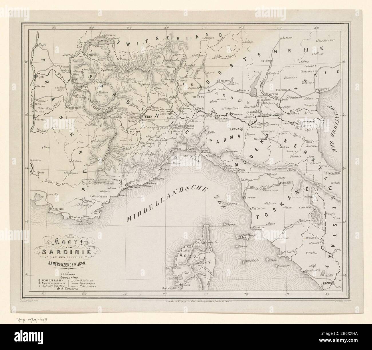 Mappa del terreno bellico del sud della Francia e del nord Italia in 1859Kaart Sardegna e parte degli imperi vicini (oggetto titolo) tipo Oggetto: Cartolina numero articolo: RP-P-1939-698 Iscrizioni / marchi: Marchio collettore, vero, stampato: Lugt 2760 marchio collettore , vero, stampato: Lugt 2166 Produttore : Tipografo H. Leaning (proprietà in elenco) Designed by AJ Load carrier (edificio in elenco) printer: From & Gorter Hoogstraten (edificio in elenco) publisher: From & Gorter Hoogstraten (proprietà in elenco) Place manufacture: Zwolle Date: 1859 Material: Paper Technique: Litography (Technique) Dime Foto Stock
