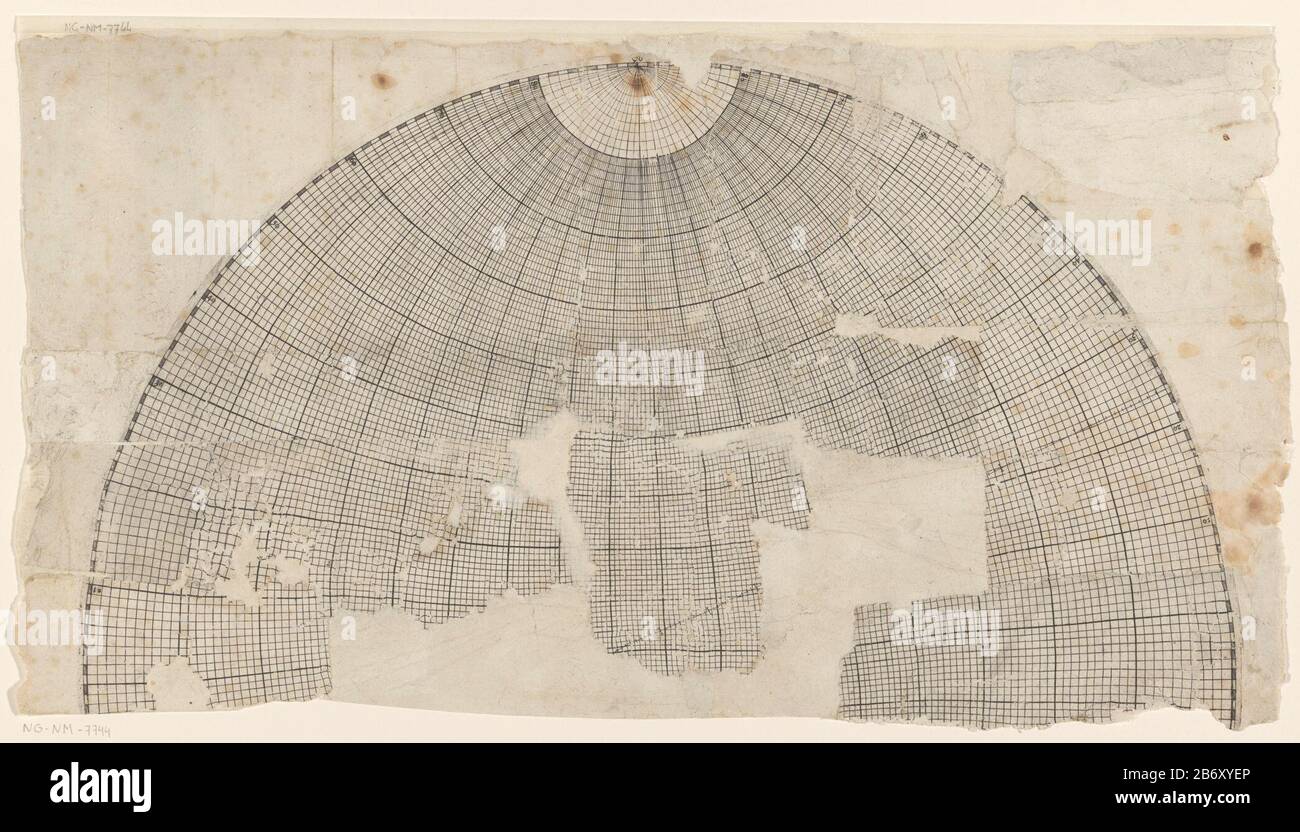 Kaartnet van noordelijk halfrontd una rete di linee utilizzate per il posizionamento. Una rete semicircolare di linee; il sistema di meridiani terrestri e paralleli nella proiezione stereografica equatoriale. La griglia della mappa è stata utilizzata in combinazione con l'indicatore di lunghezza di Plancius. Produttore : tipografia: Anonymous location manufacturing: Northern Netherlands Data: In or for 1596 Materiale: Carta Tecnica: Engra (processo di stampa) Misure: Foglio: L 315 mm × W 572 mmToelichtingDe stampe e mappe nella collezione Nova Zembla durante una spedizione di William Barendsz e Jacob van Heemskerk nel 1596 Foto Stock