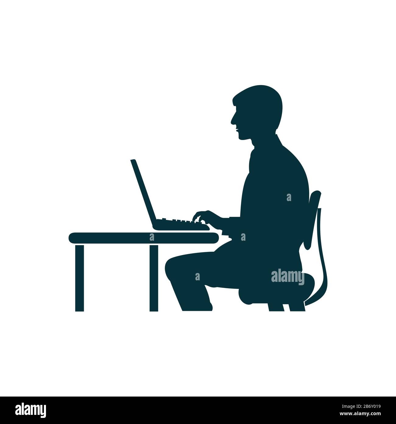 Sagoma vettoriale di un uomo seduto su un computer su uno sfondo bianco. Illustrazione Vettoriale