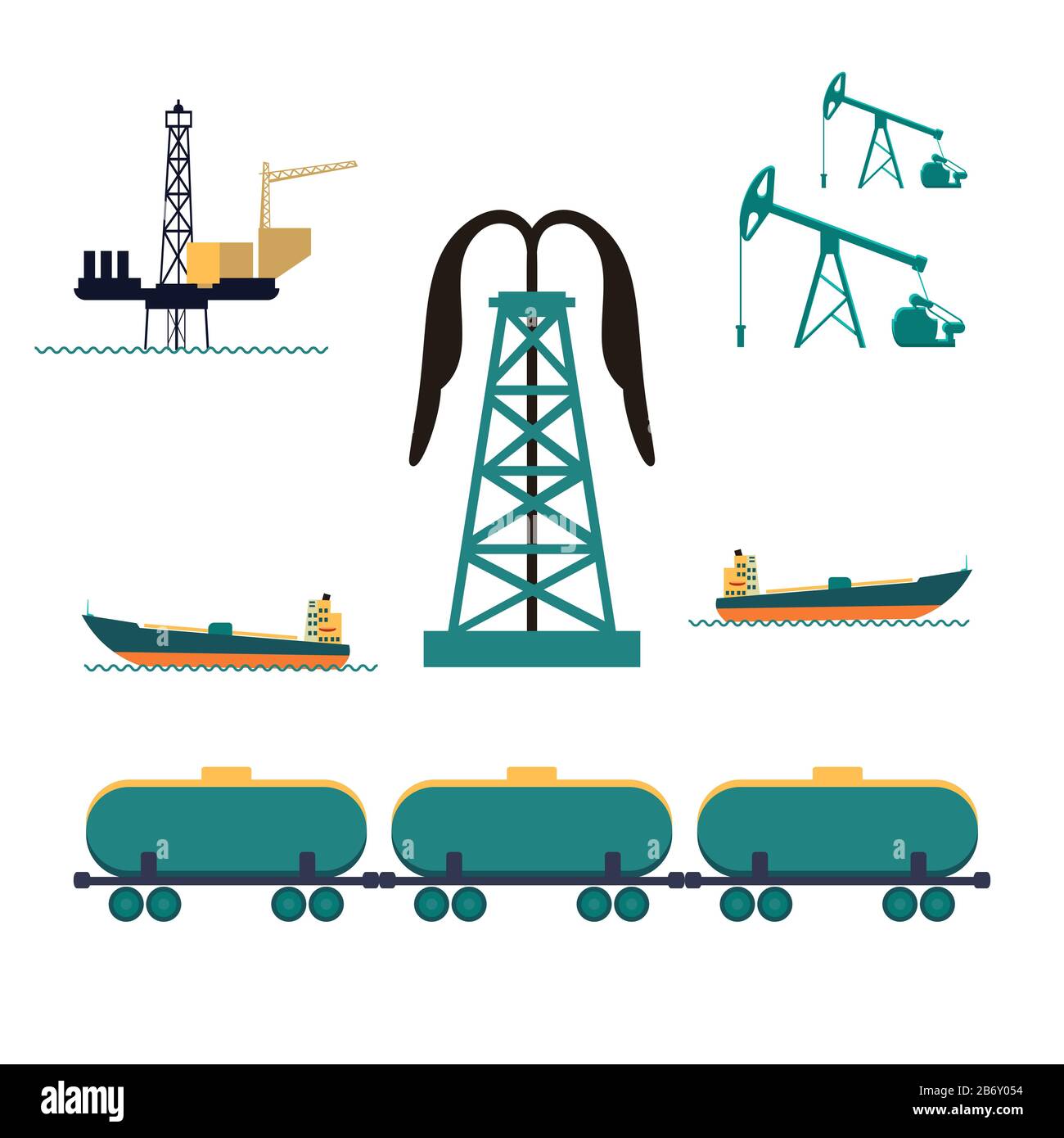 Diversi trasporti costruzioni e fabbriche di petrolio industria benzina icone piatte set isolato vettore illustrazioni Illustrazione Vettoriale