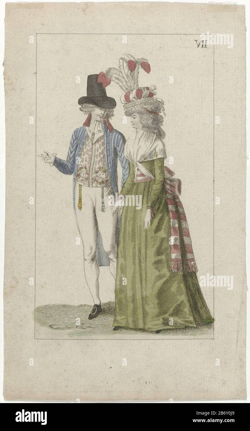 Kabinet van Mode en Smaak, ca 1794, Nr 7 (VII) elegante coppia vestito.  L'uomo indossa una giacca a righe blu con colletto rosso, gilet e  pantaloncini bianchi. Accessori: Cappello con bordi rialzati,